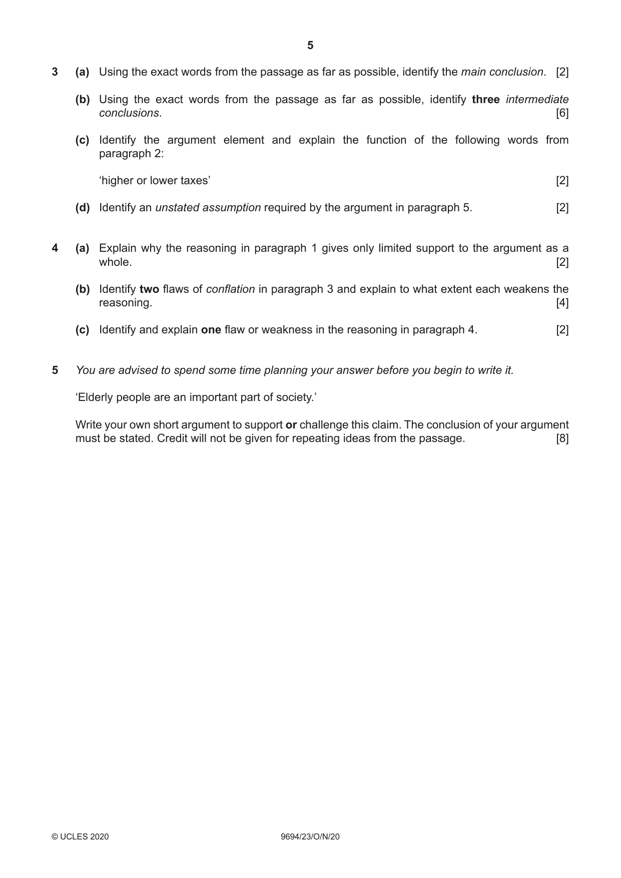 Cambridge A Level Thinking Skills 9694 2020 Oct/Nov Paper 2 · Variant 3 question paper, page 5 of 8