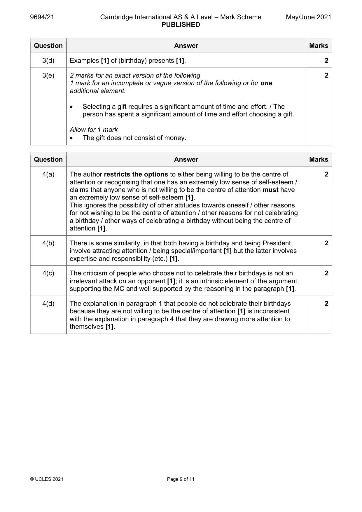 Mark scheme, page 9 of 11