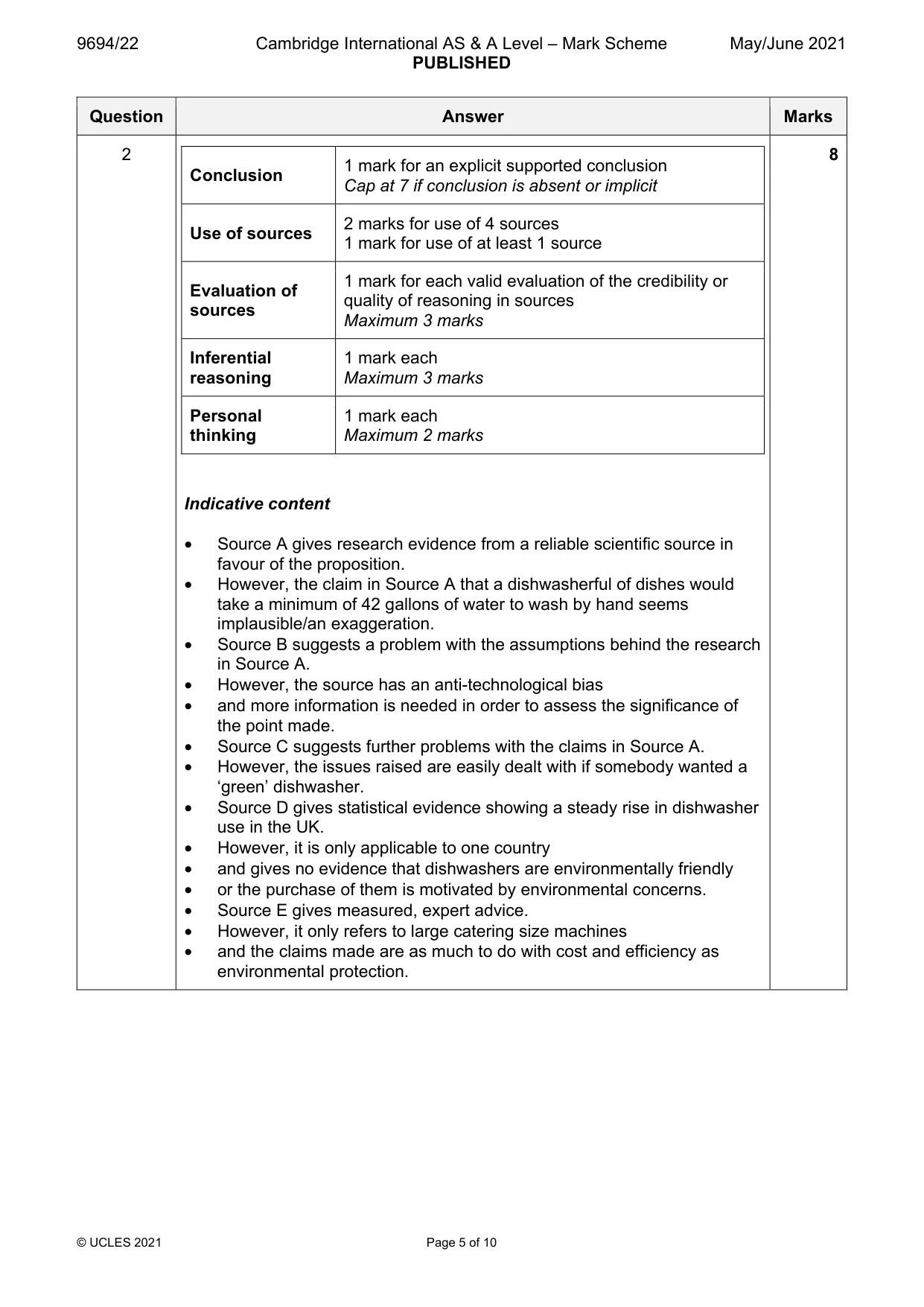 Mark scheme, page 5 of 10