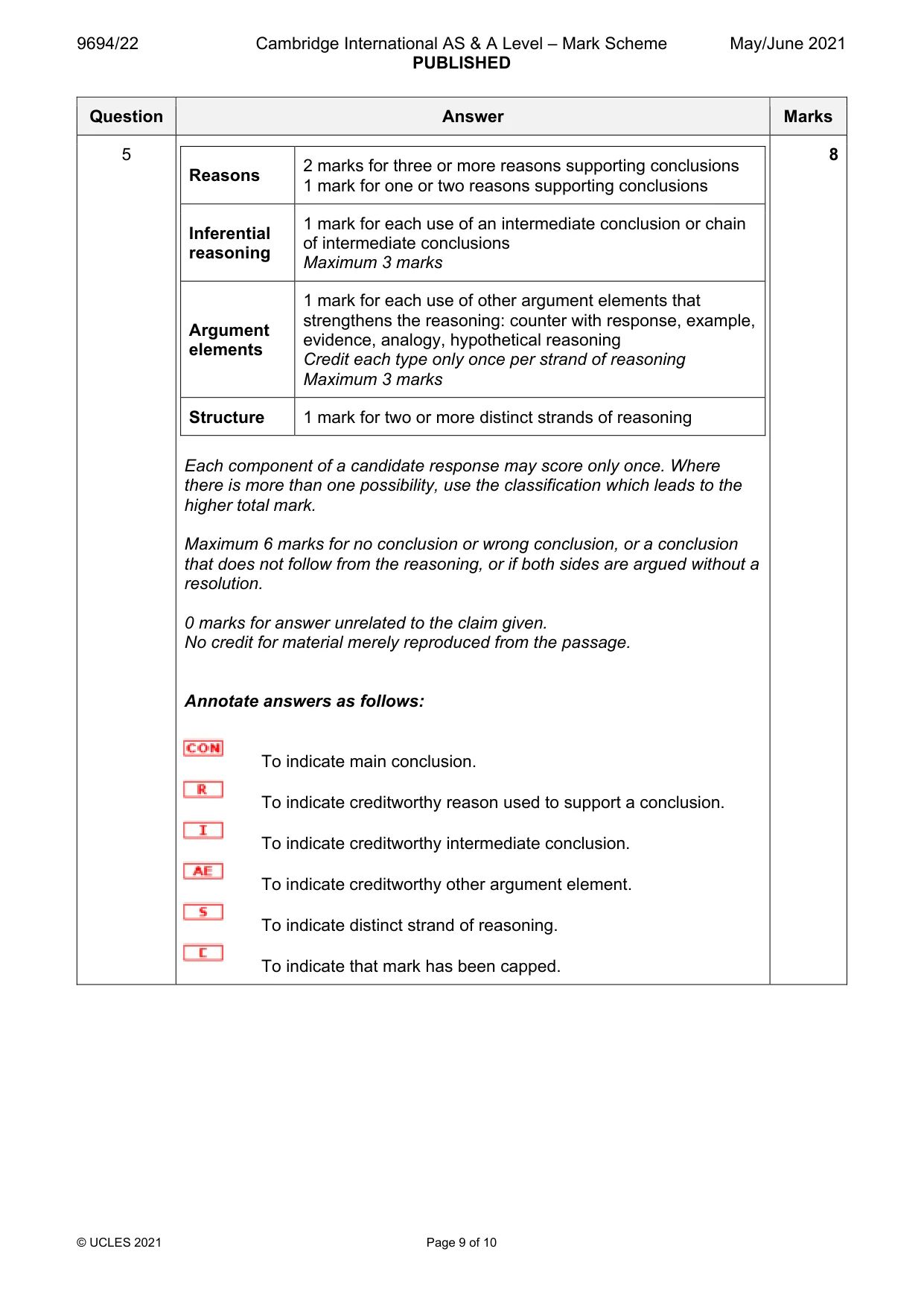 Mark scheme, page 9 of 10