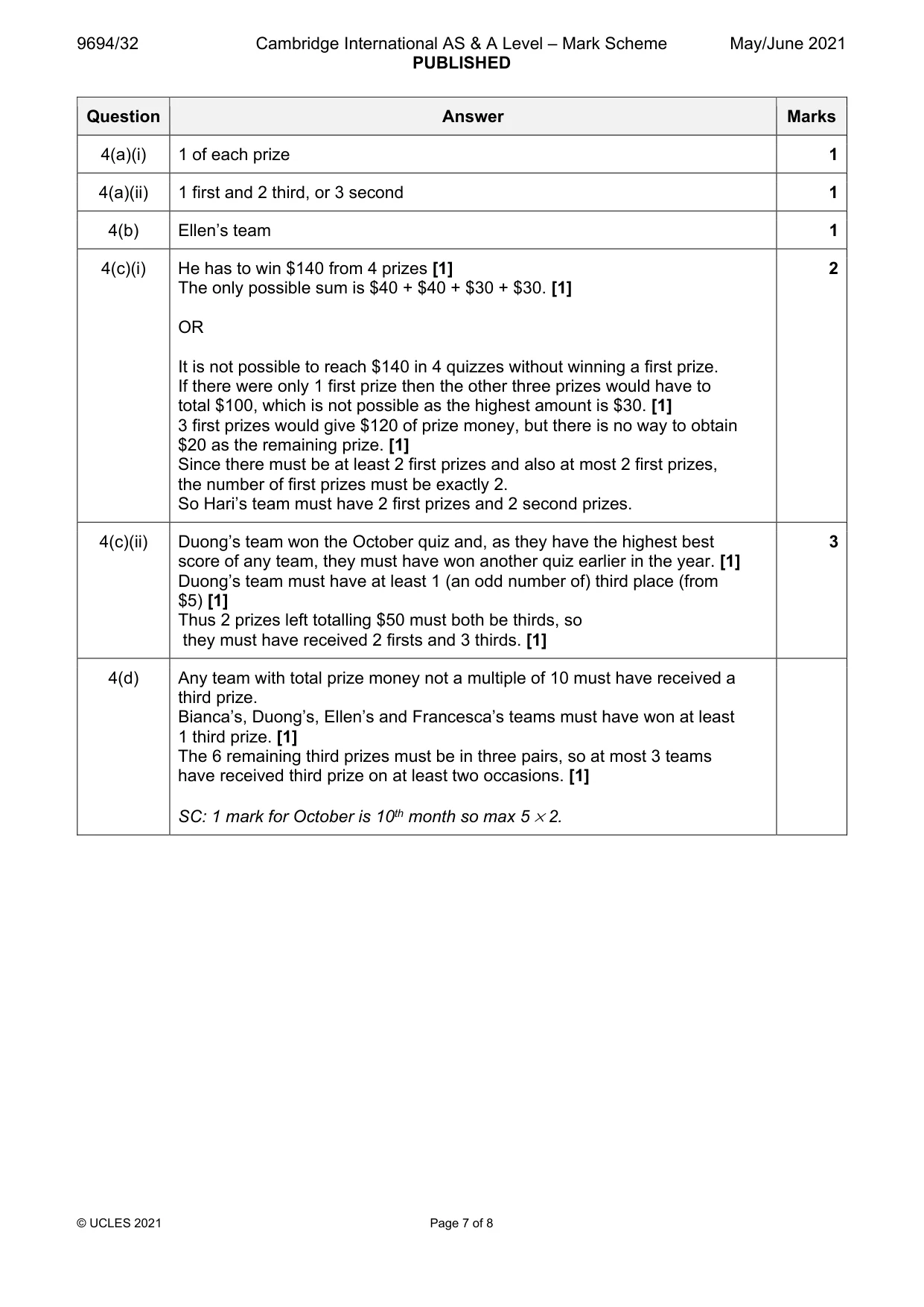 Mark scheme, page 7 of 8