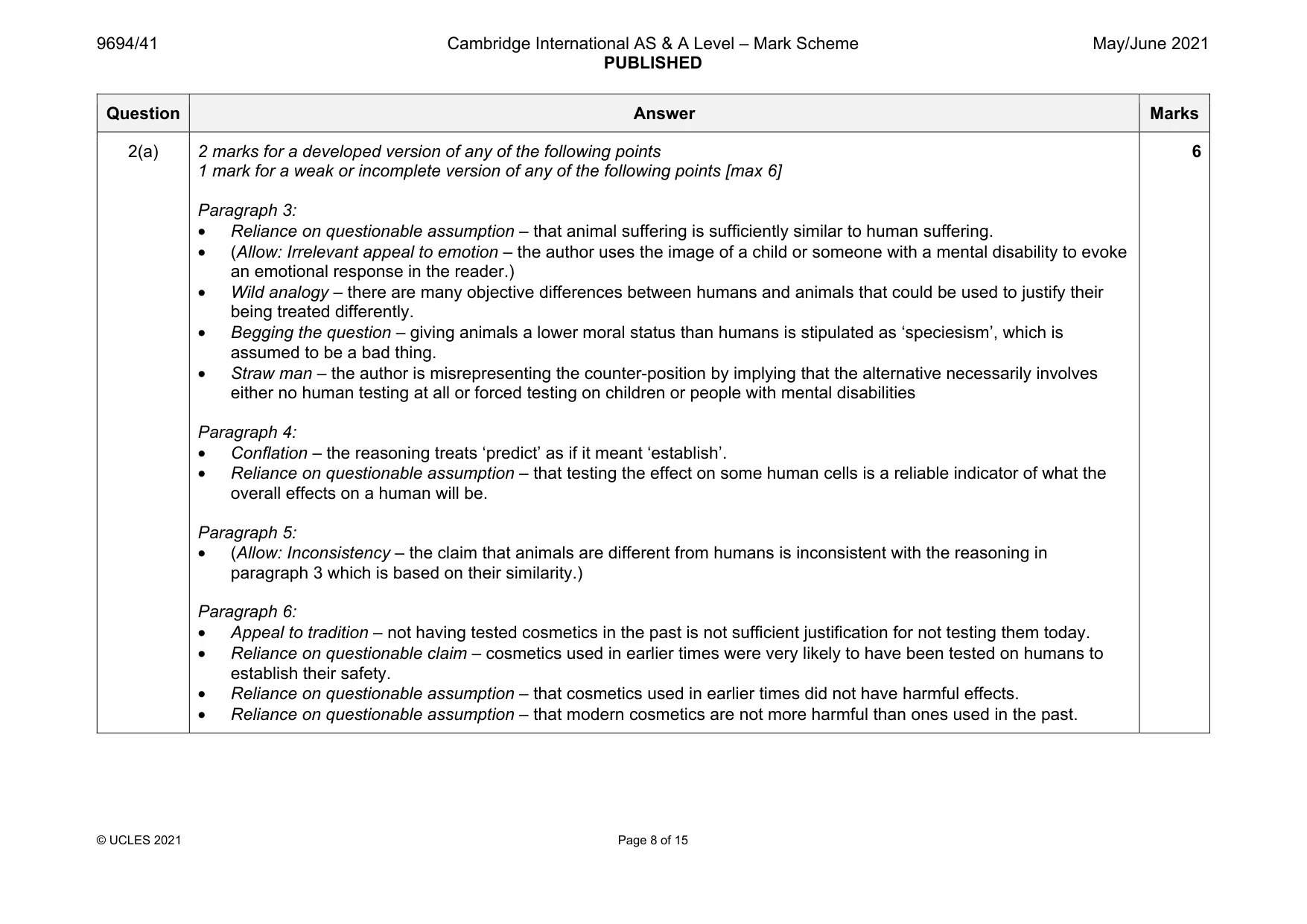 Mark scheme, page 8 of 15