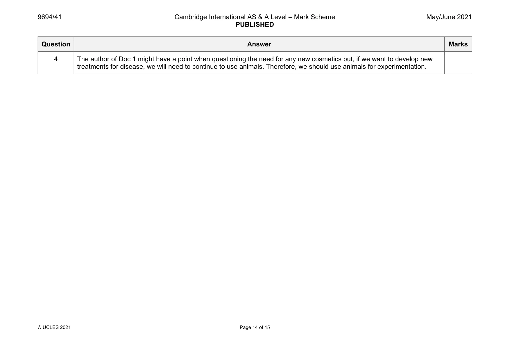 Mark scheme, page 14 of 15