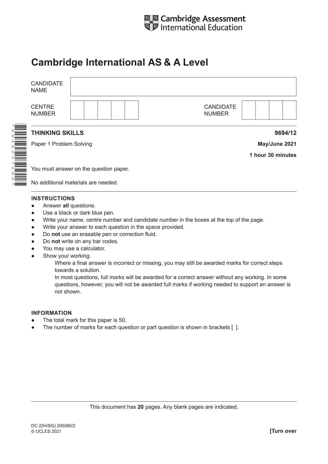 Cambridge A Level Thinking Skills 9694 2021 May/June Paper 1 · Variant 2 question paper, page 1 of 20