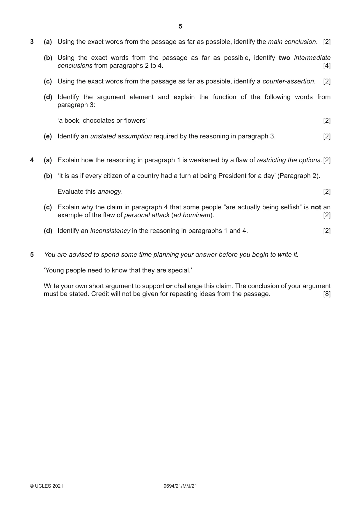 Cambridge A Level Thinking Skills 9694 2021 May/June Paper 2 · Variant 1 question paper, page 5 of 8