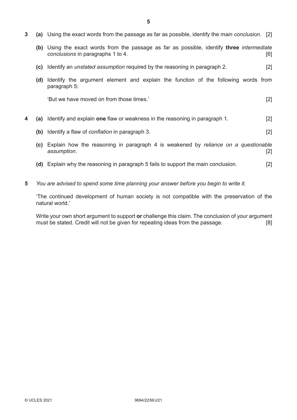 Cambridge A Level Thinking Skills 9694 2021 May/June Paper 2 · Variant 2 question paper, page 5 of 8