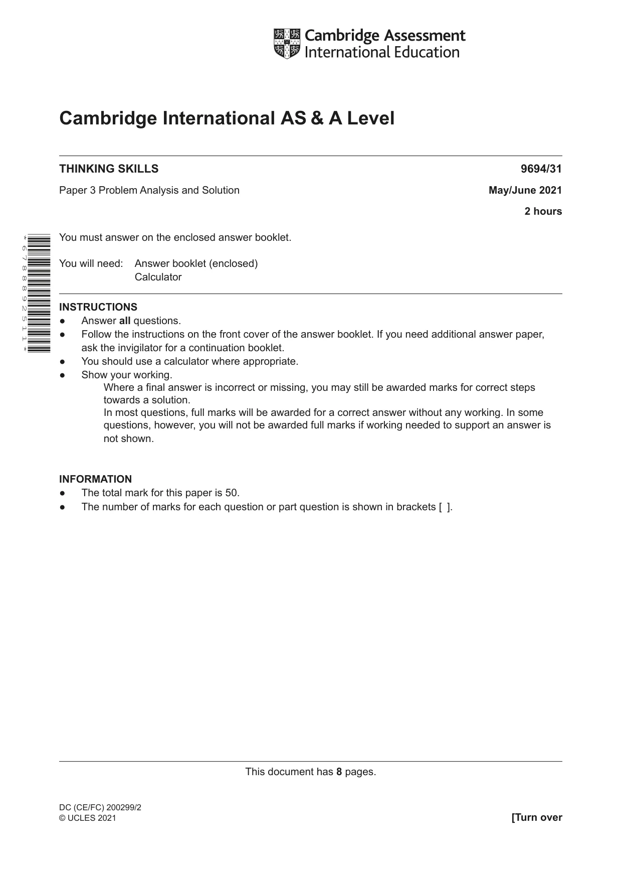 Cambridge A Level Thinking Skills 9694 2021 May/June Paper 3 · Variant 1 question paper, page 1 of 8