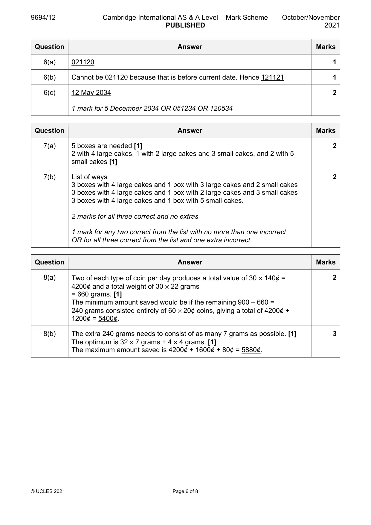 Mark scheme, page 6 of 8