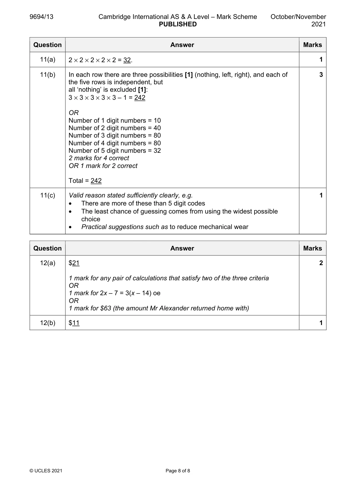 Mark scheme, page 8 of 8