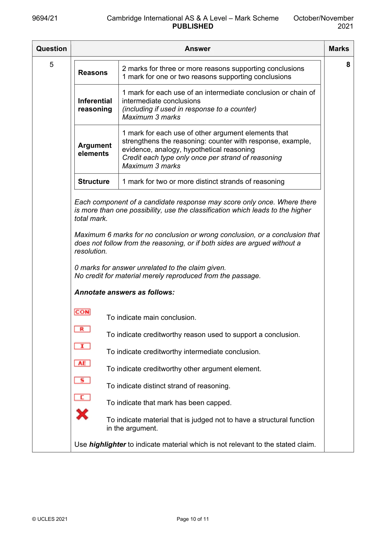 Mark scheme, page 10 of 11