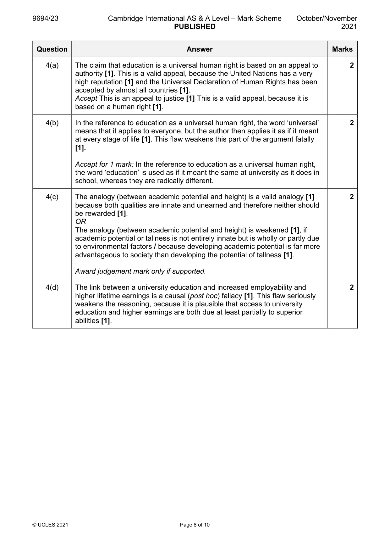 Mark scheme, page 8 of 10