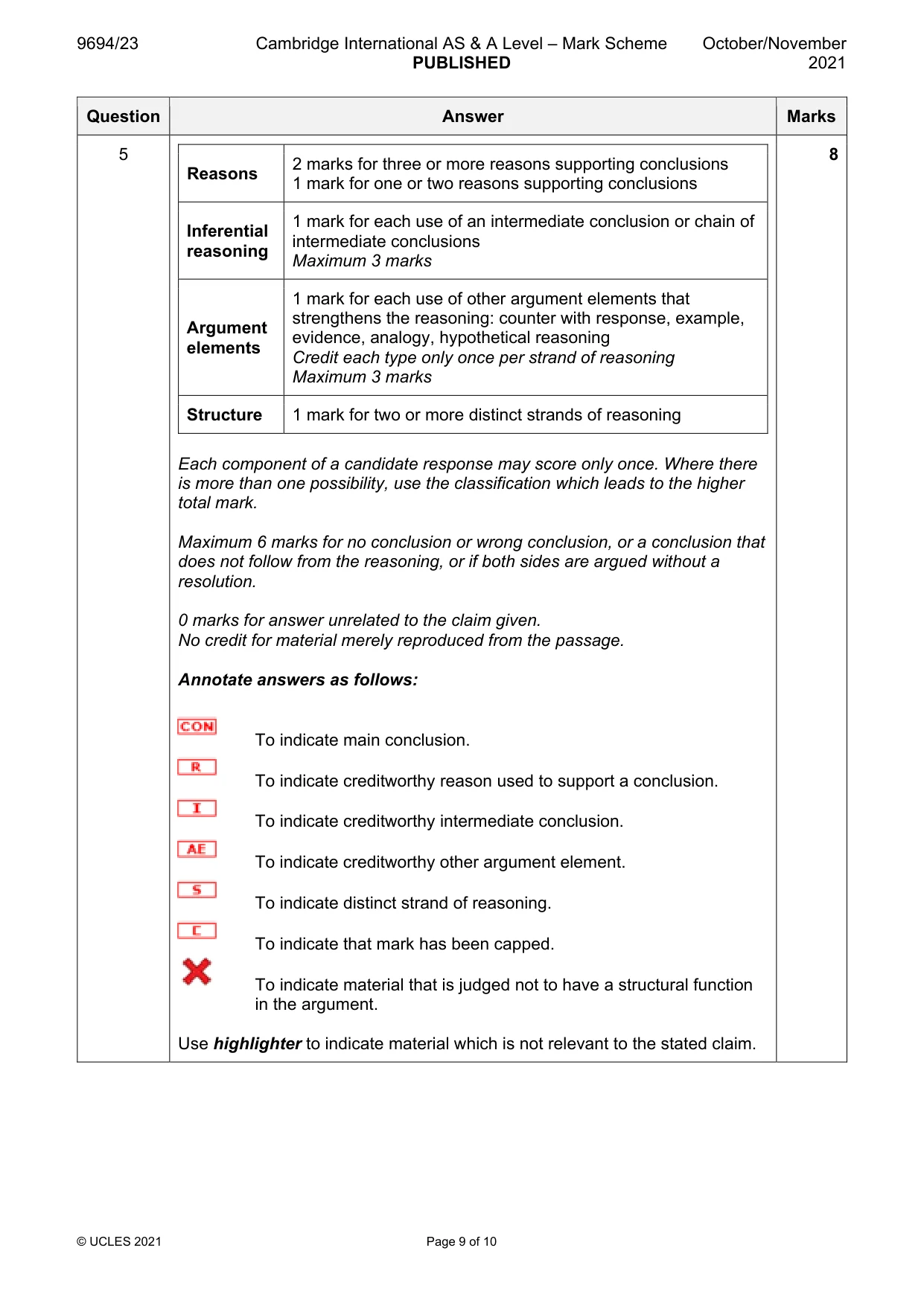 Mark scheme, page 9 of 10