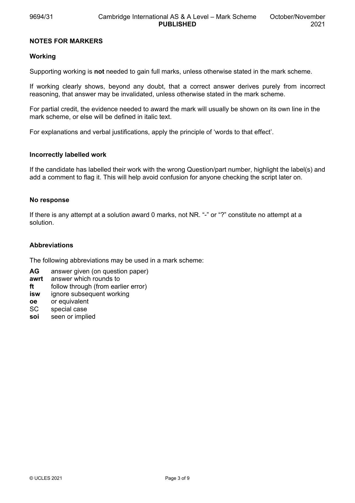 Mark scheme, page 3 of 9