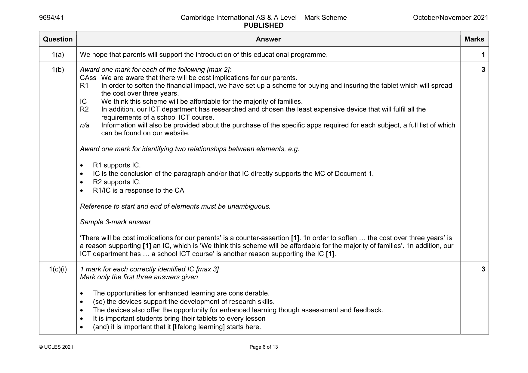 Mark scheme, page 6 of 13