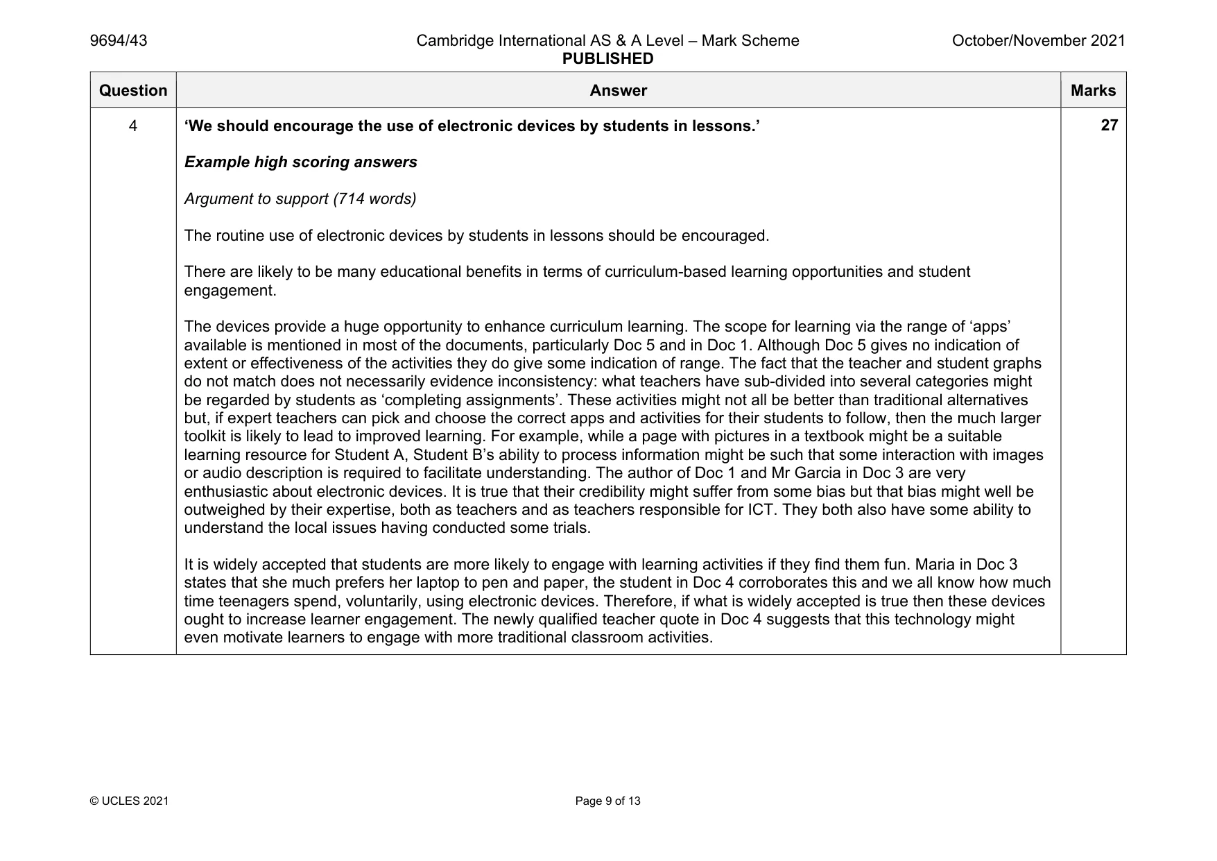 Mark scheme, page 9 of 13