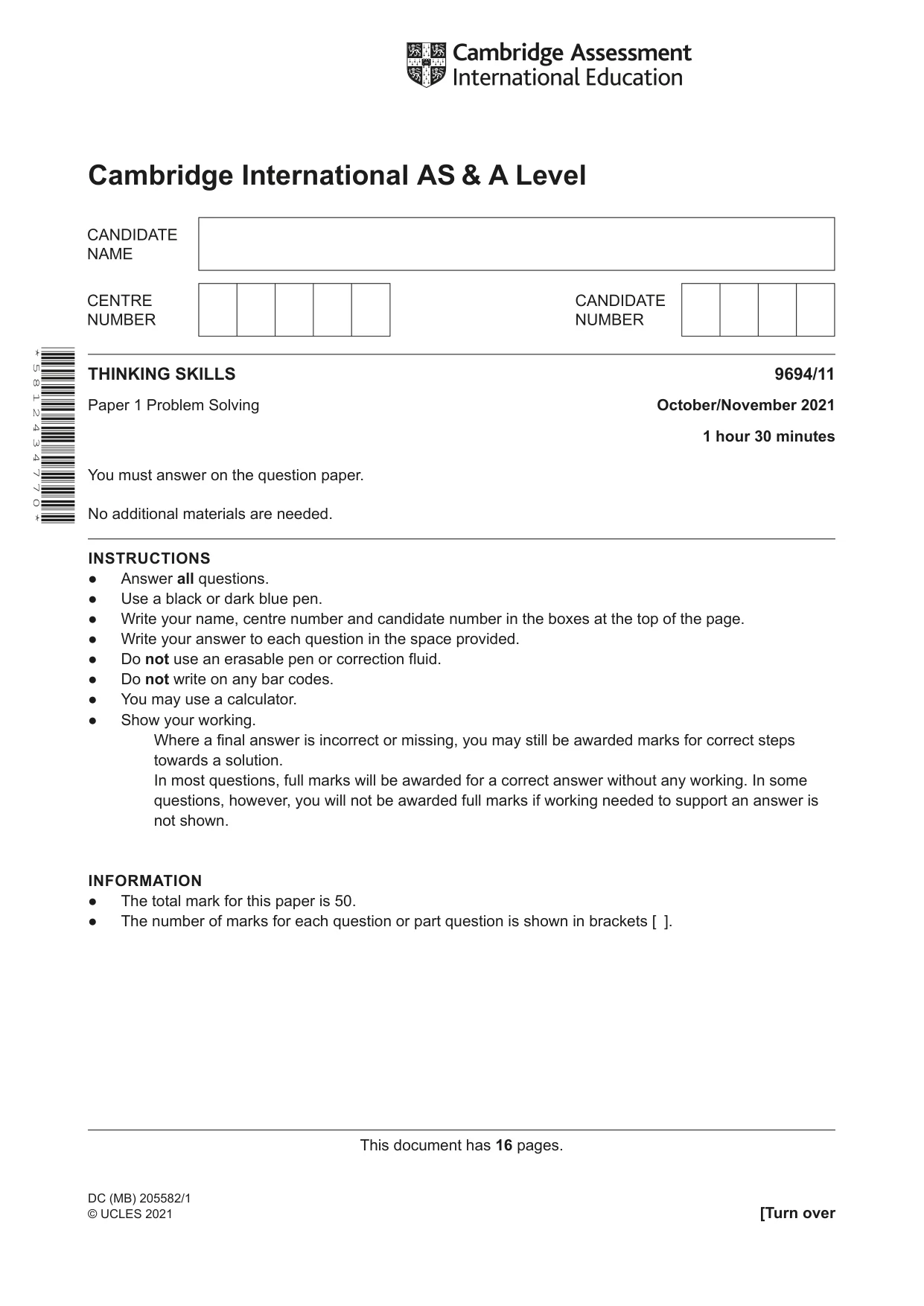 Cambridge A Level Thinking Skills 9694 2021 Oct/Nov Paper 1 · Variant 1 question paper, page 1 of 16