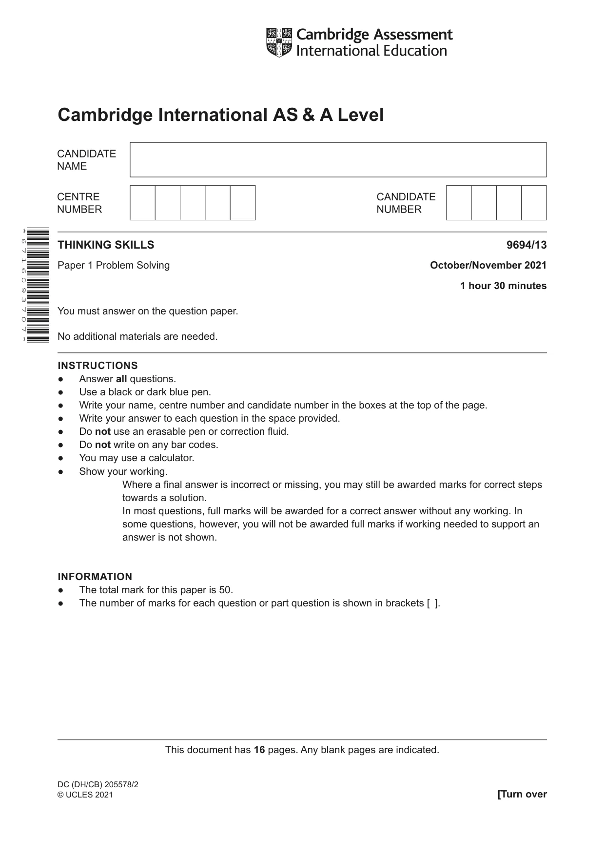Cambridge A Level Thinking Skills 9694 2021 Oct/Nov Paper 1 · Variant 3 question paper, page 1 of 16