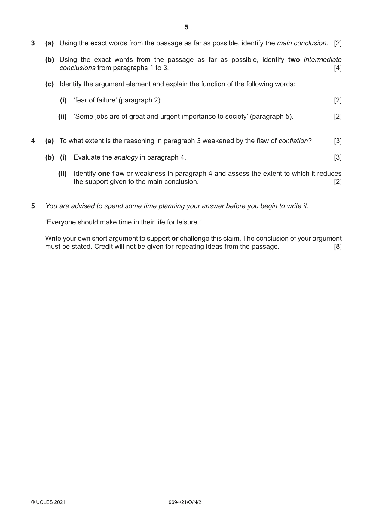Cambridge A Level Thinking Skills 9694 2021 Oct/Nov Paper 2 · Variant 1 question paper, page 5 of 8