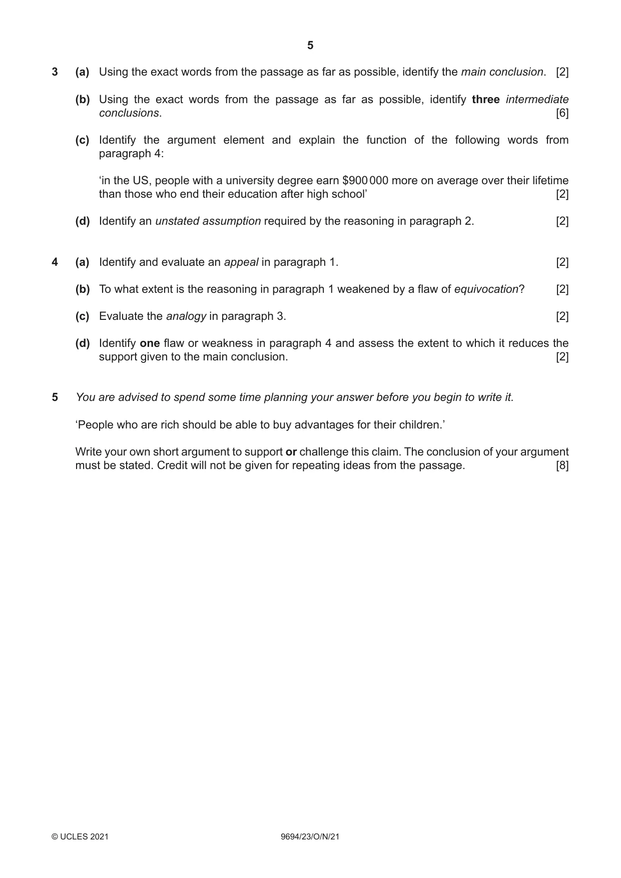 Cambridge A Level Thinking Skills 9694 2021 Oct/Nov Paper 2 · Variant 3 question paper, page 5 of 8