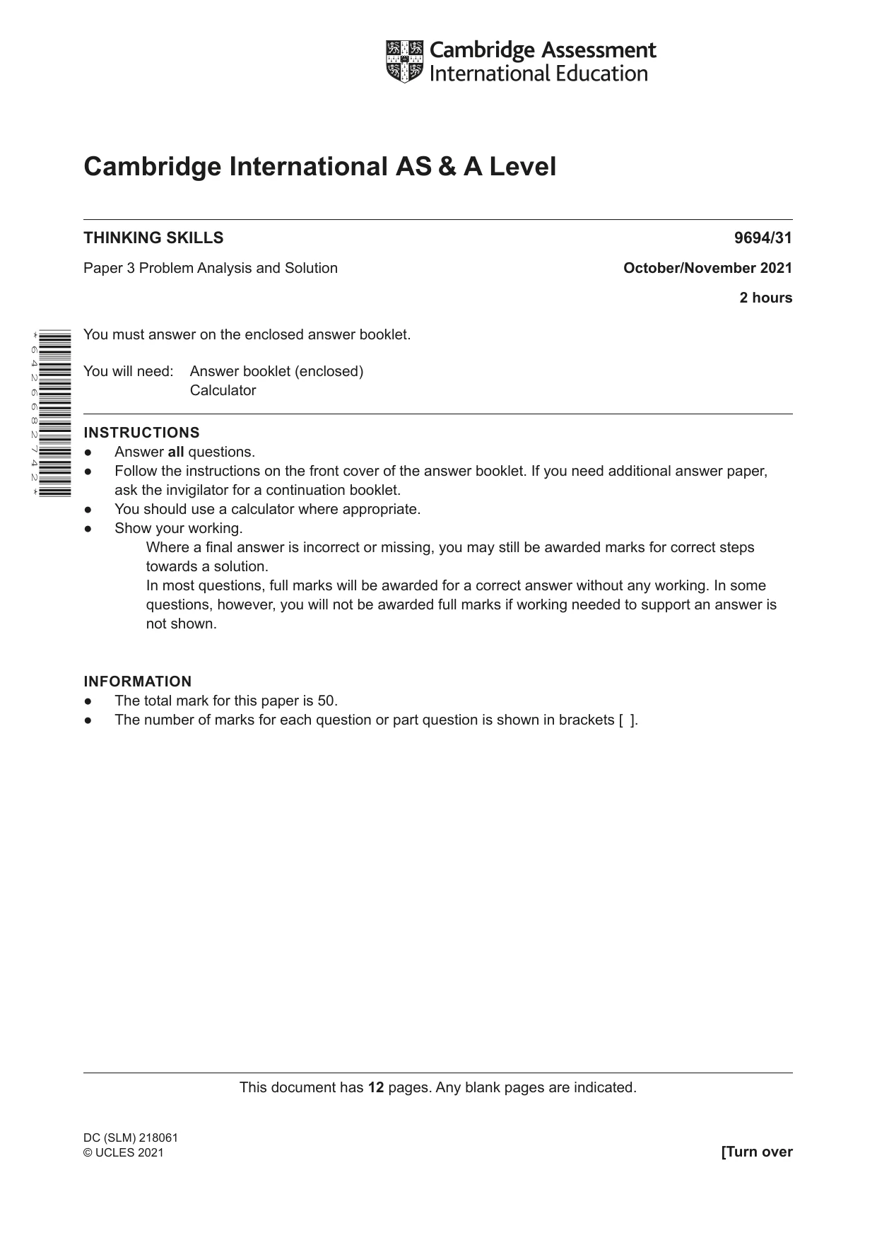 Cambridge A Level Thinking Skills 9694 2021 Oct/Nov Paper 3 · Variant 1 question paper, page 1 of 12