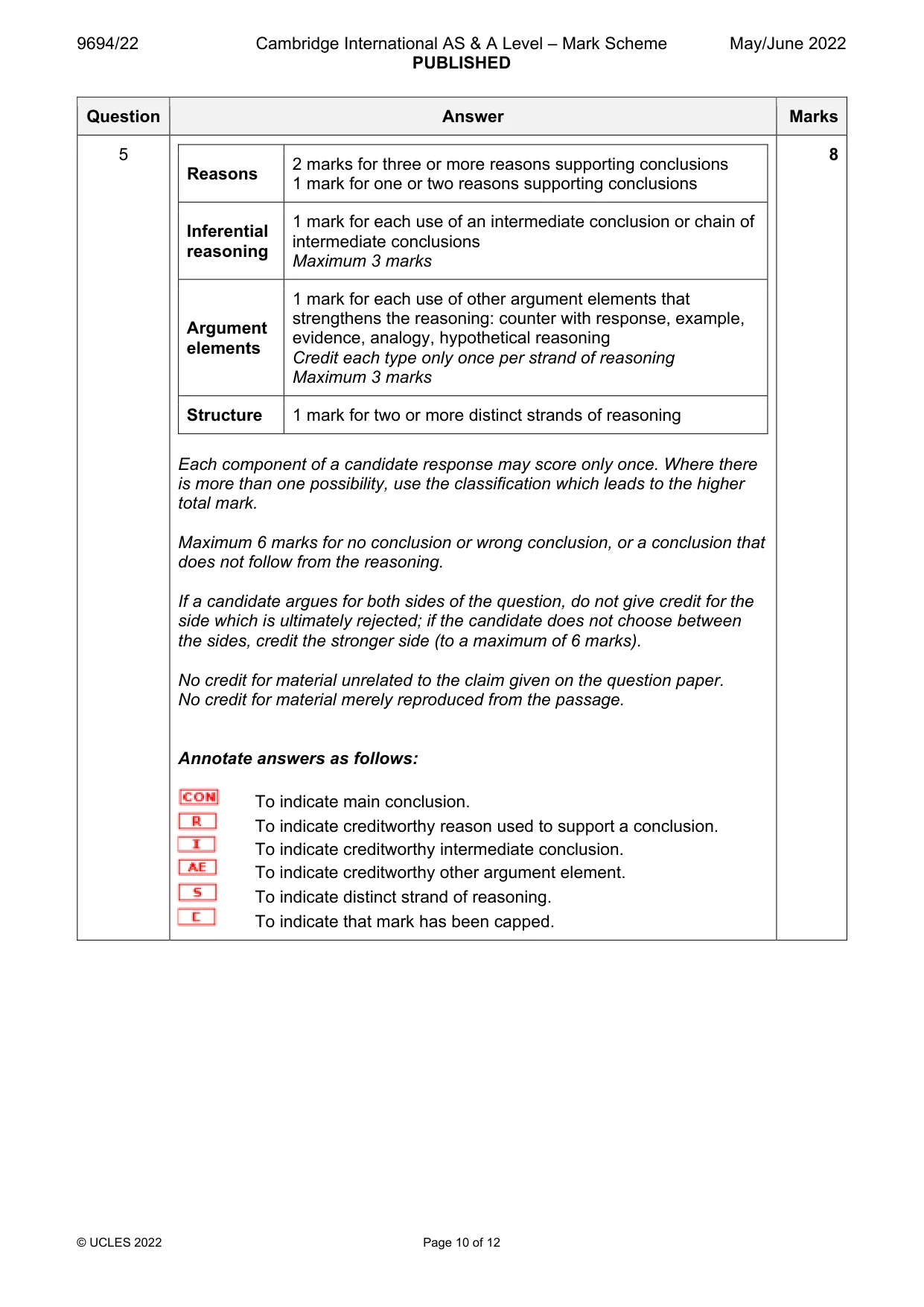 Mark scheme, page 10 of 12