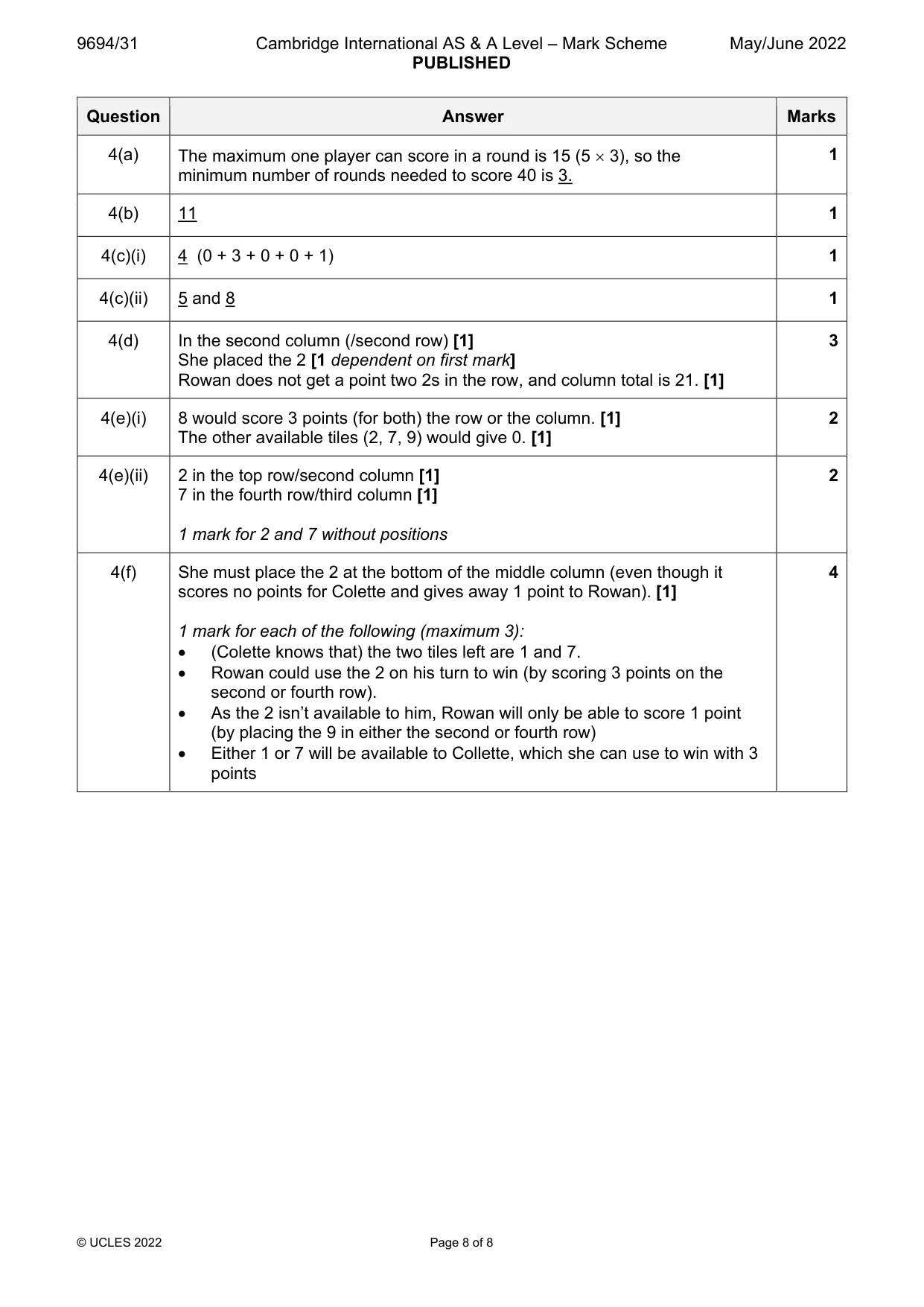 Mark scheme, page 8 of 8