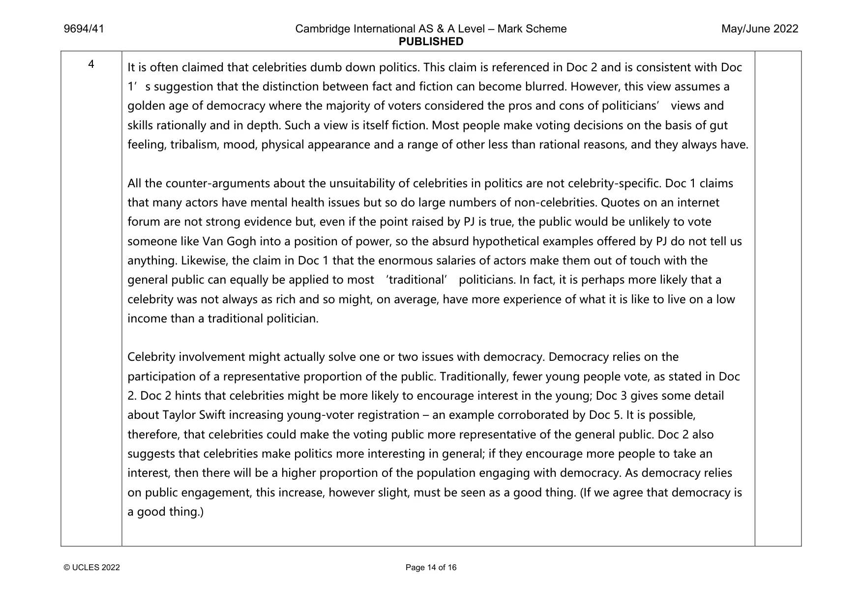 Mark scheme, page 14 of 16