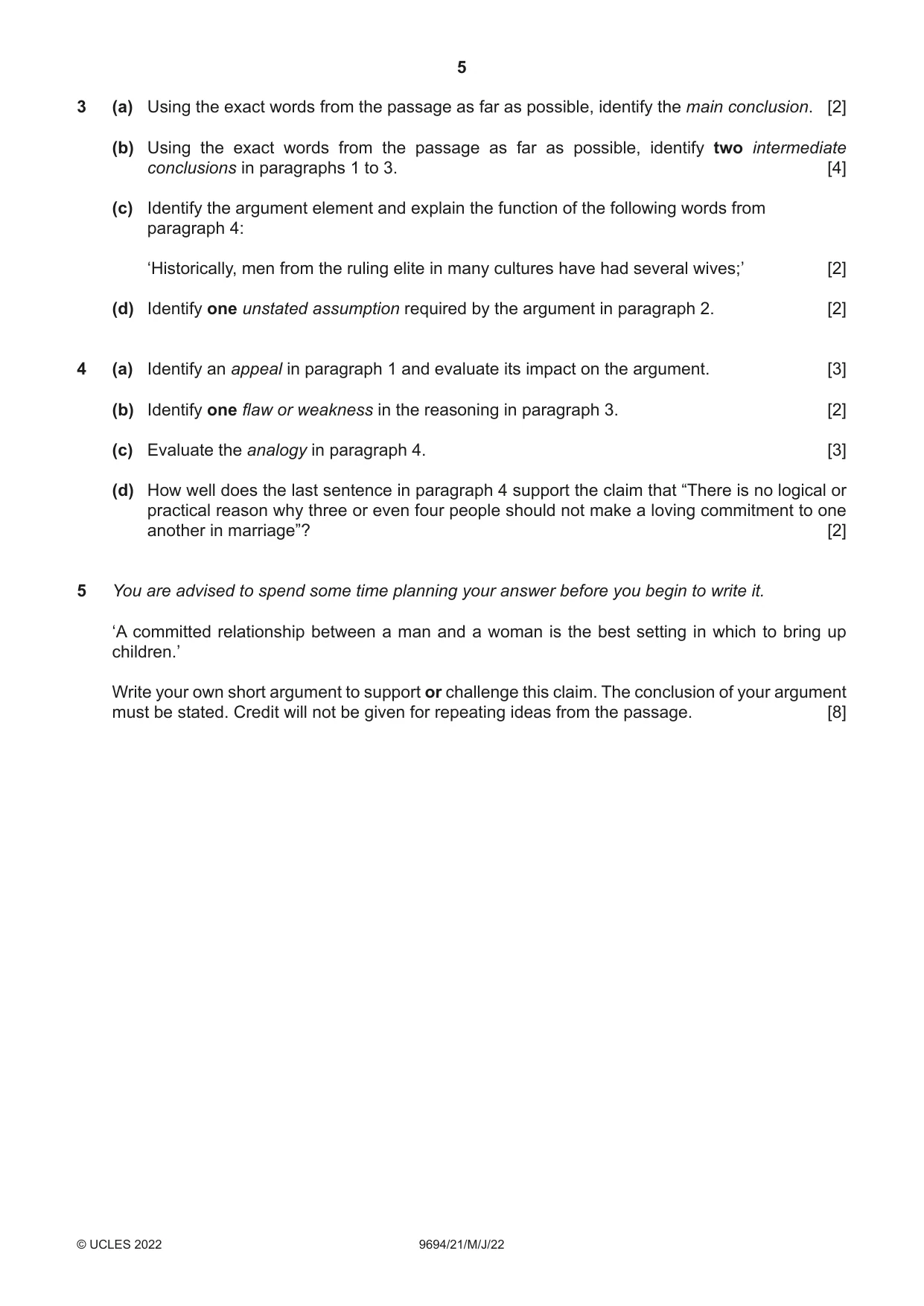 Cambridge A Level Thinking Skills 9694 2022 May/June Paper 2 · Variant 1 question paper, page 5 of 8