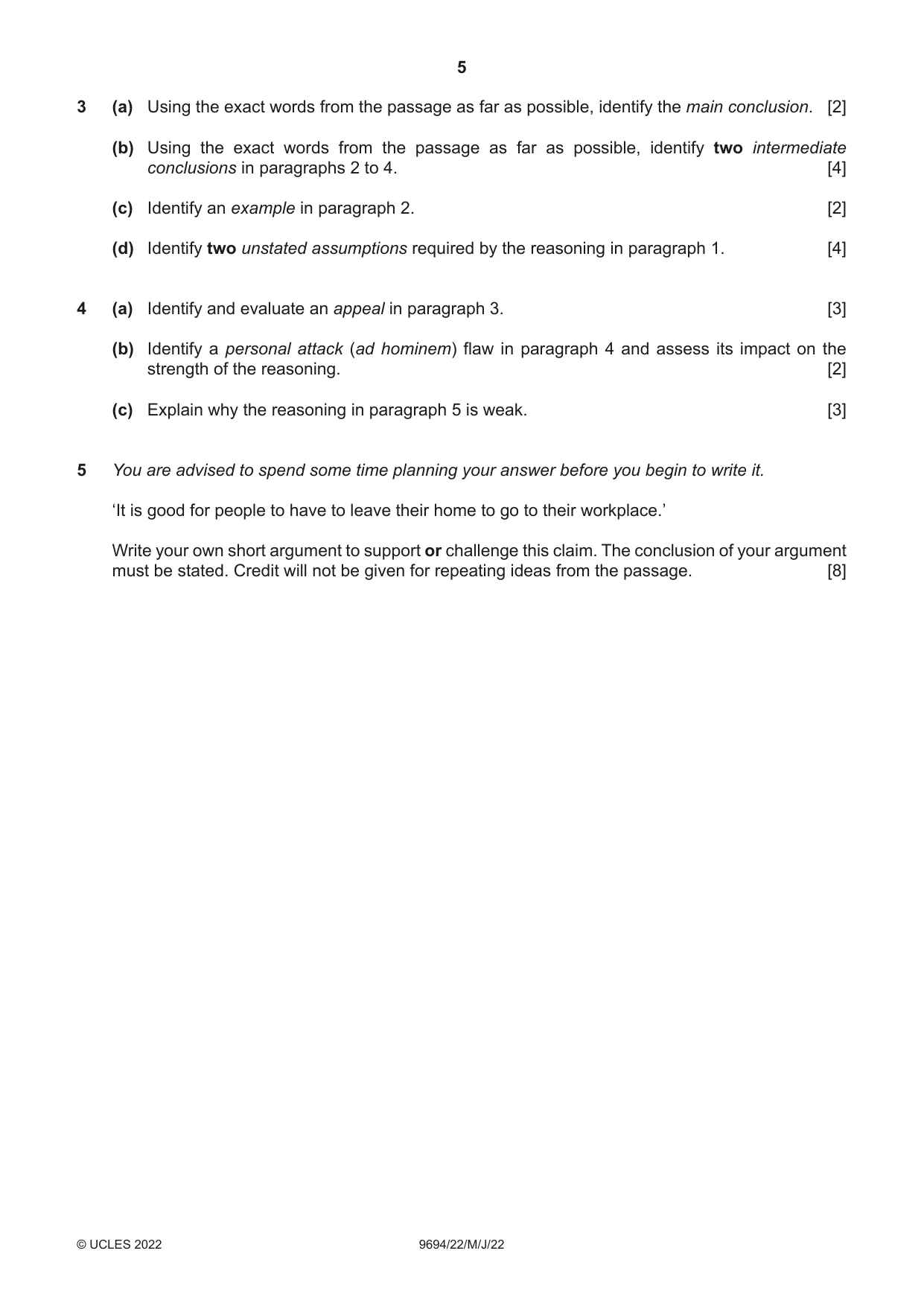 Cambridge A Level Thinking Skills 9694 2022 May/June Paper 2 · Variant 2 question paper, page 5 of 8