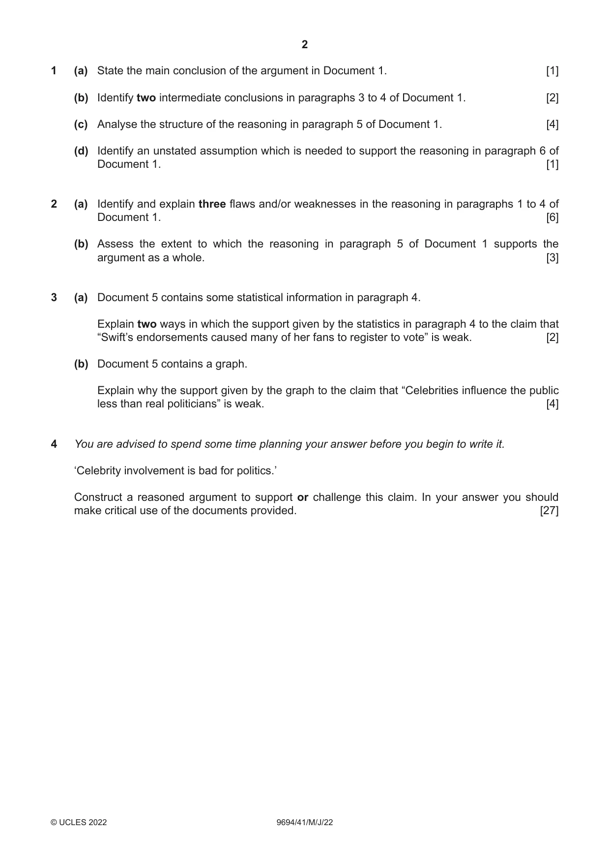 Cambridge A Level Thinking Skills 9694 2022 May/June Paper 4 · Variant 1 question paper, page 2 of 8