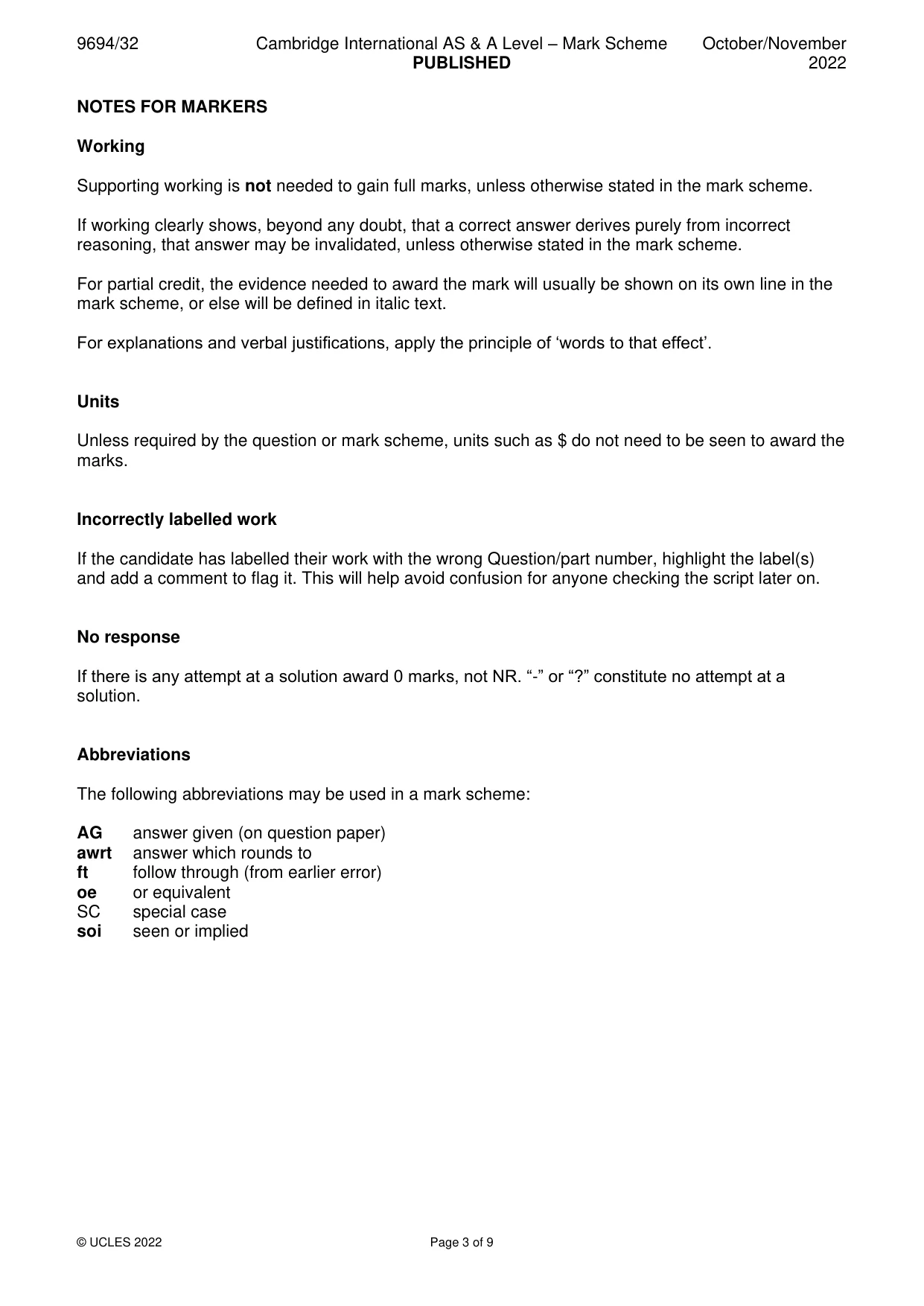 Mark scheme, page 3 of 9