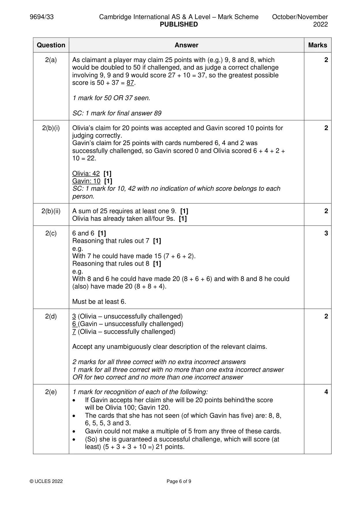 Mark scheme, page 6 of 9