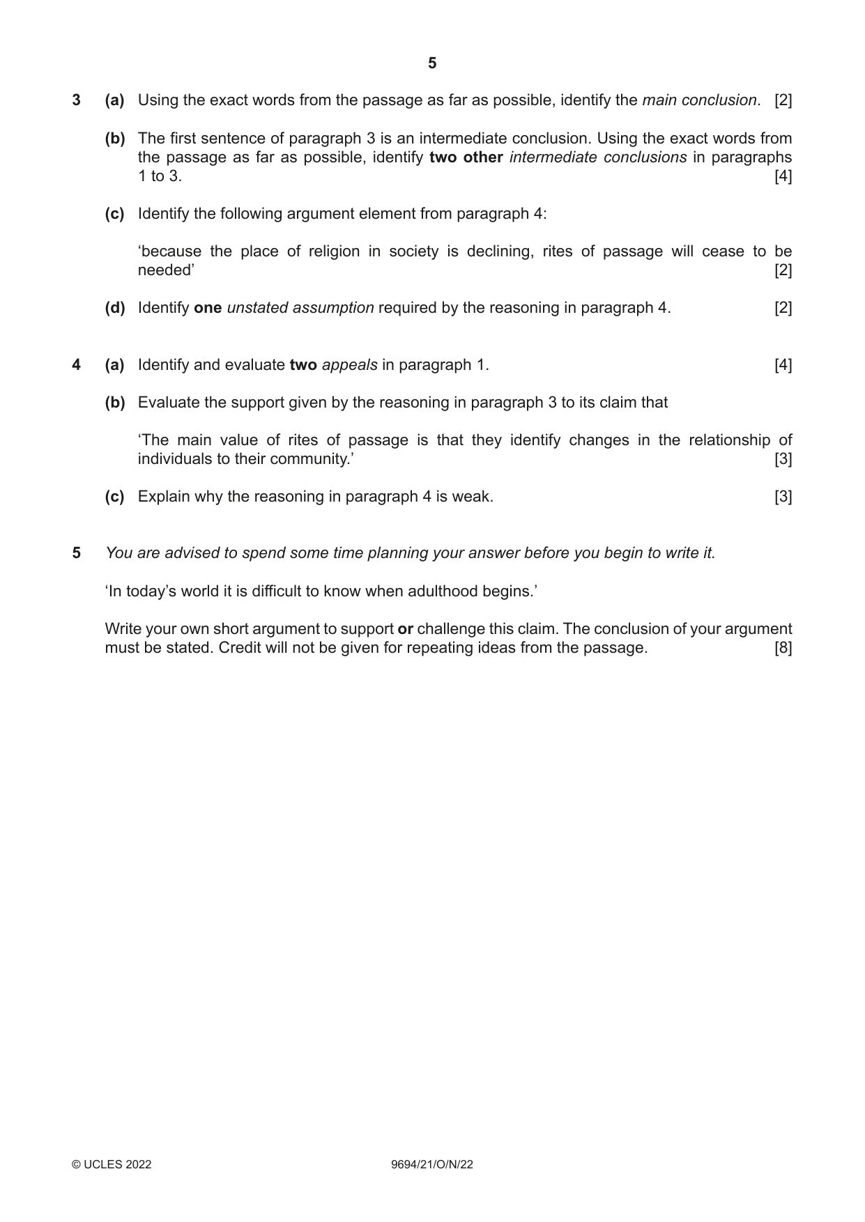 Cambridge A Level Thinking Skills 9694 2022 Oct/Nov Paper 2 · Variant 1 question paper, page 5 of 8