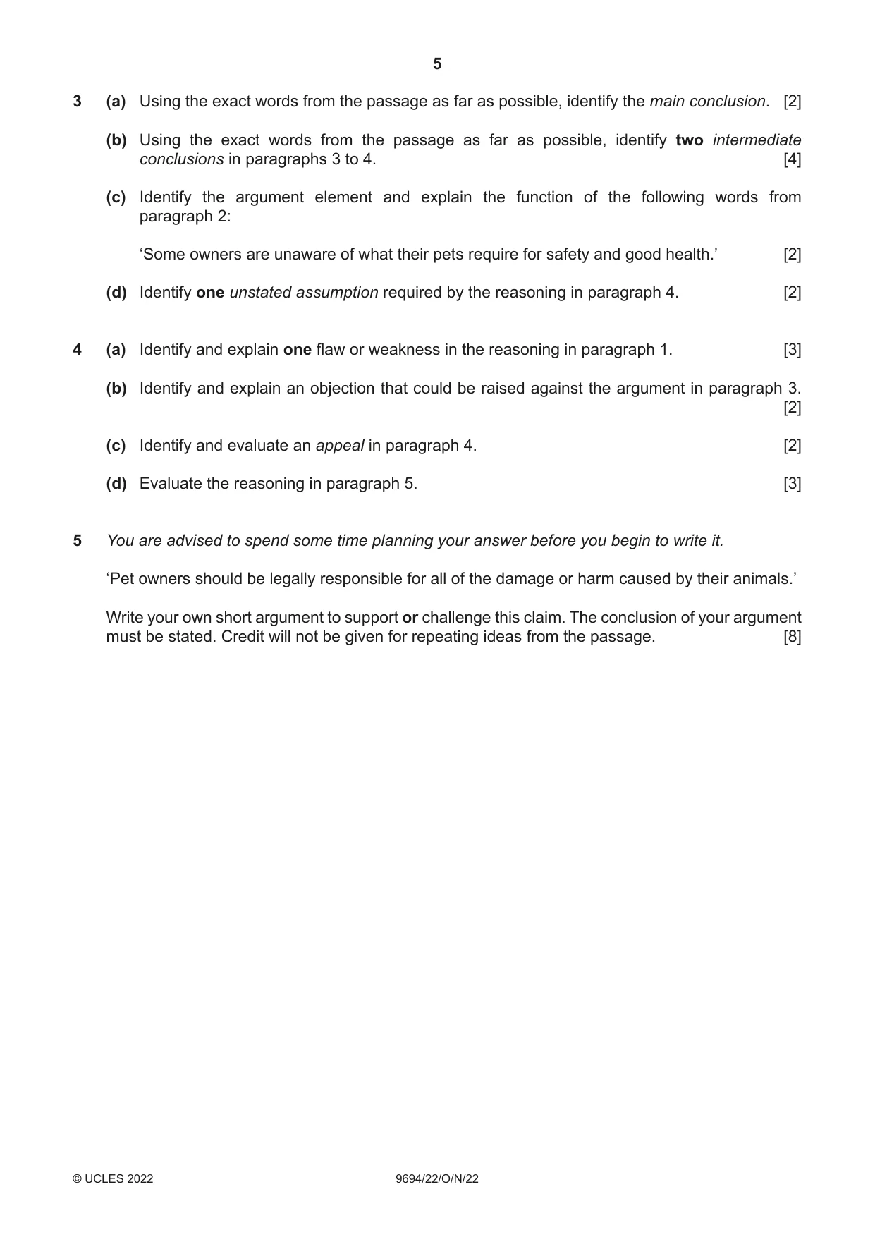 Cambridge A Level Thinking Skills 9694 2022 Oct/Nov Paper 2 · Variant 2 question paper, page 5 of 8