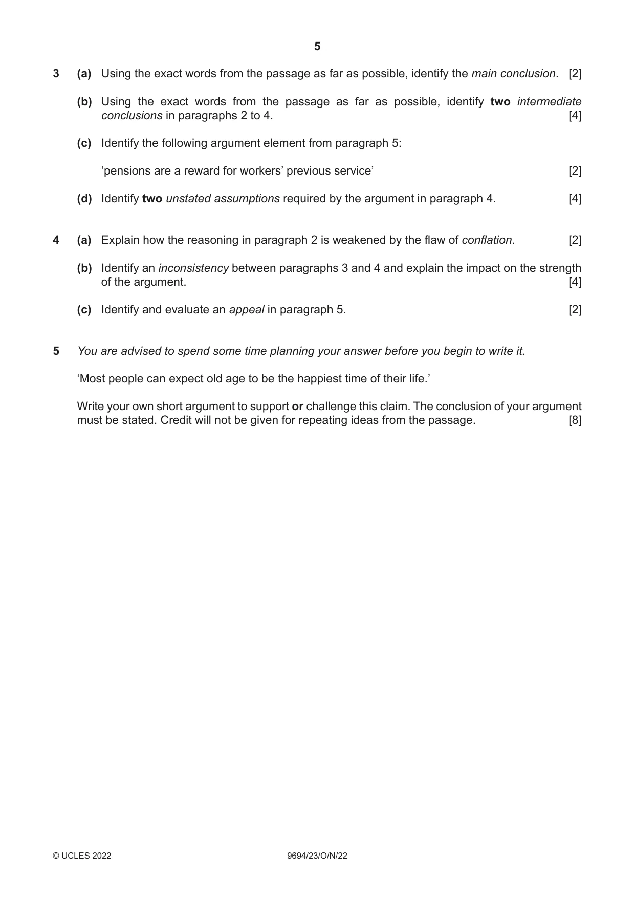 Cambridge A Level Thinking Skills 9694 2022 Oct/Nov Paper 2 · Variant 3 question paper, page 5 of 8