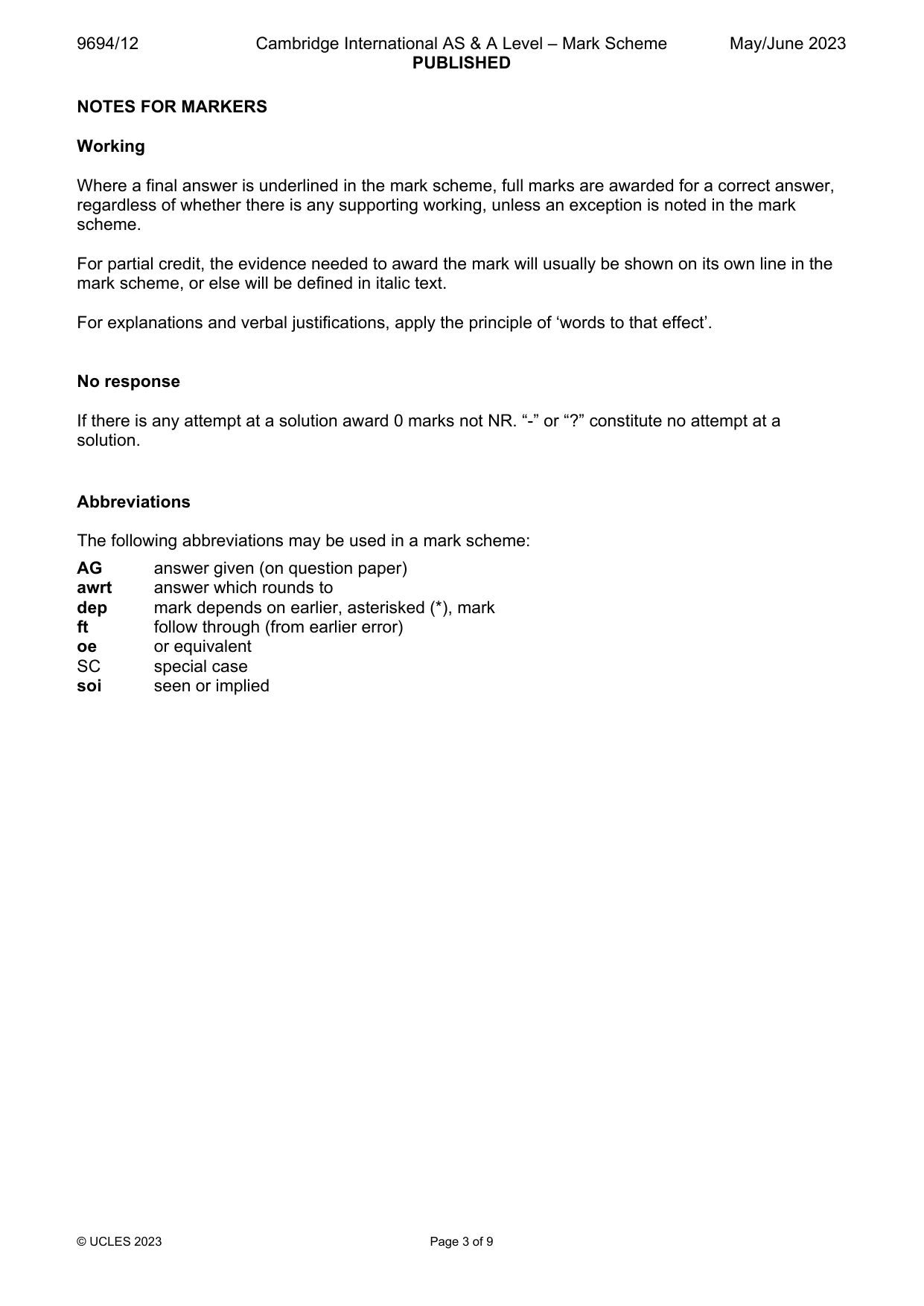 Mark scheme, page 3 of 9