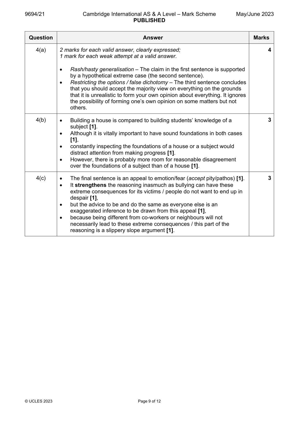 Mark scheme, page 9 of 12