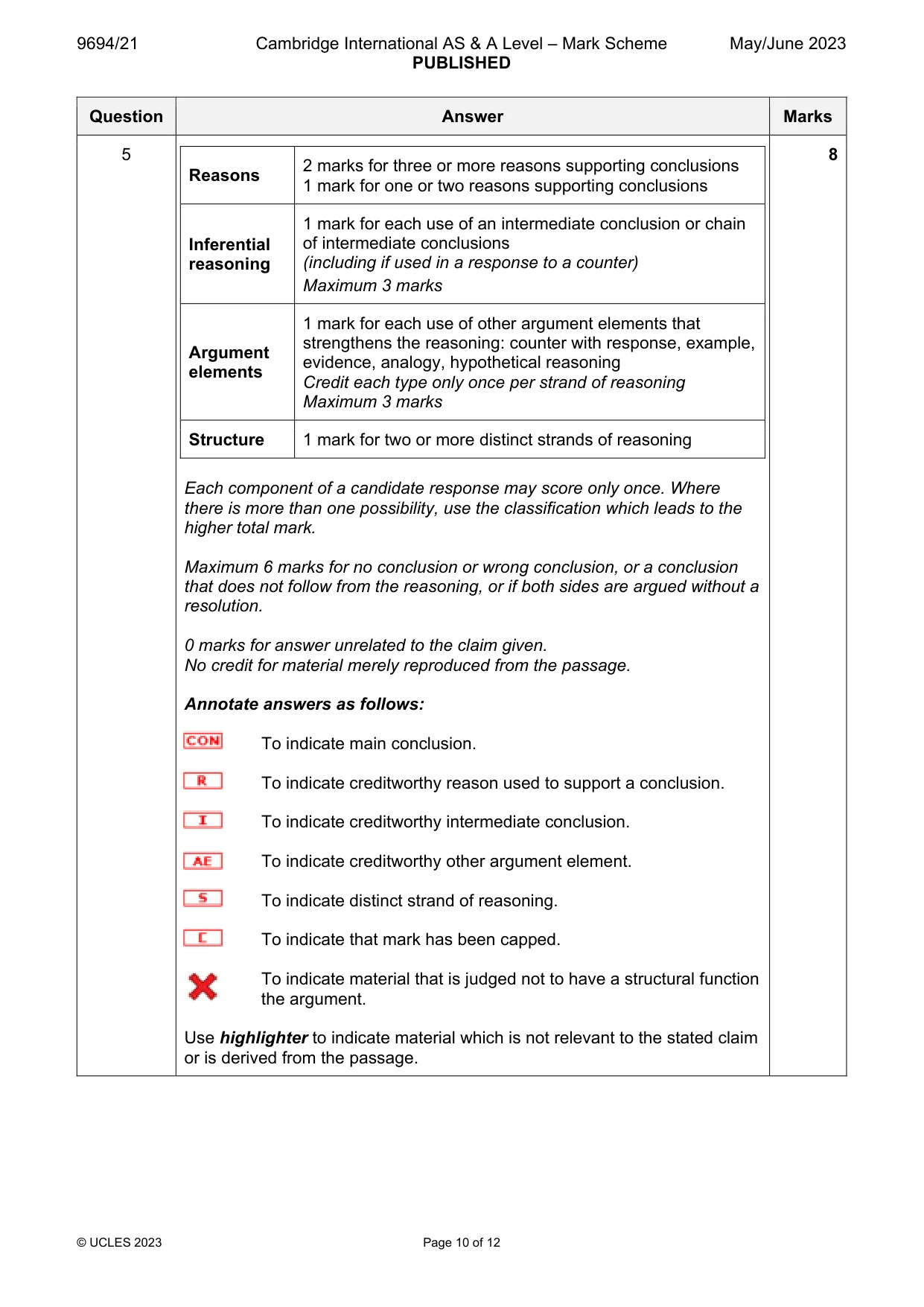 Mark scheme, page 10 of 12
