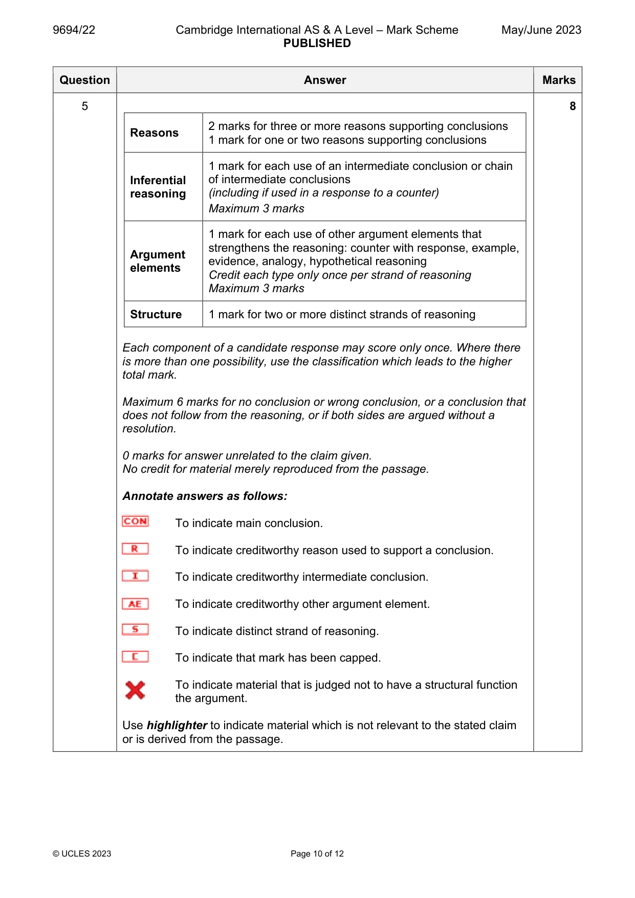 Mark scheme, page 10 of 12