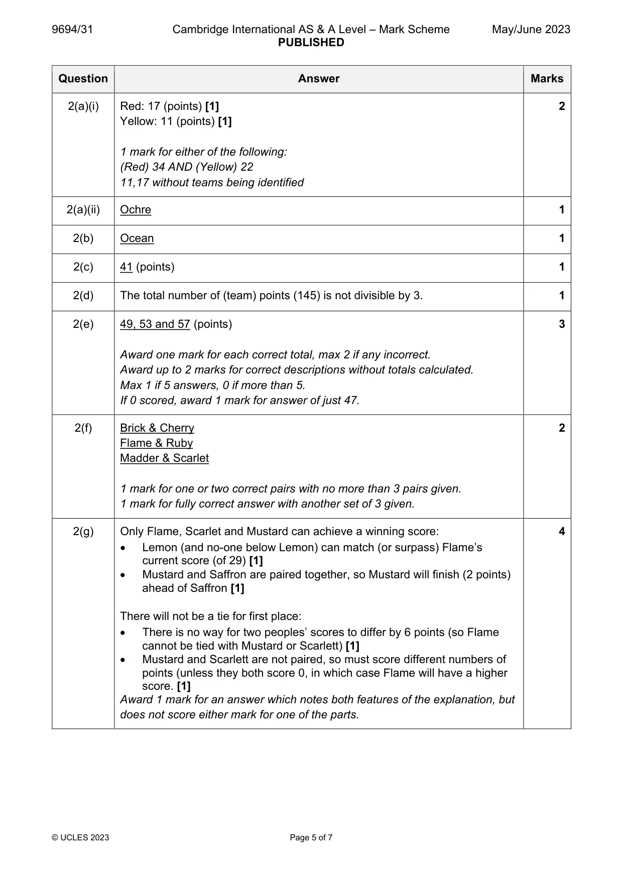 Mark scheme, page 5 of 7