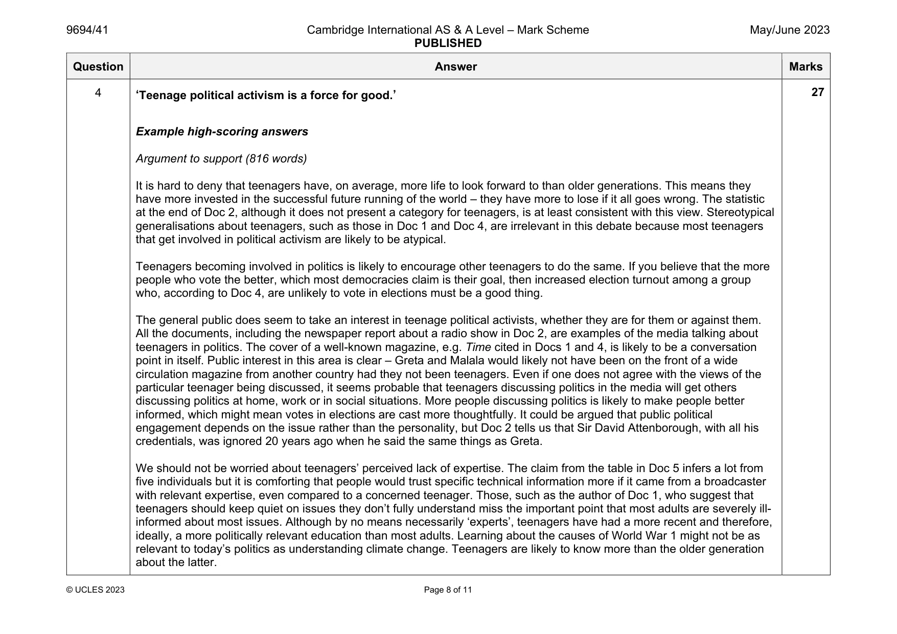 Mark scheme, page 8 of 11