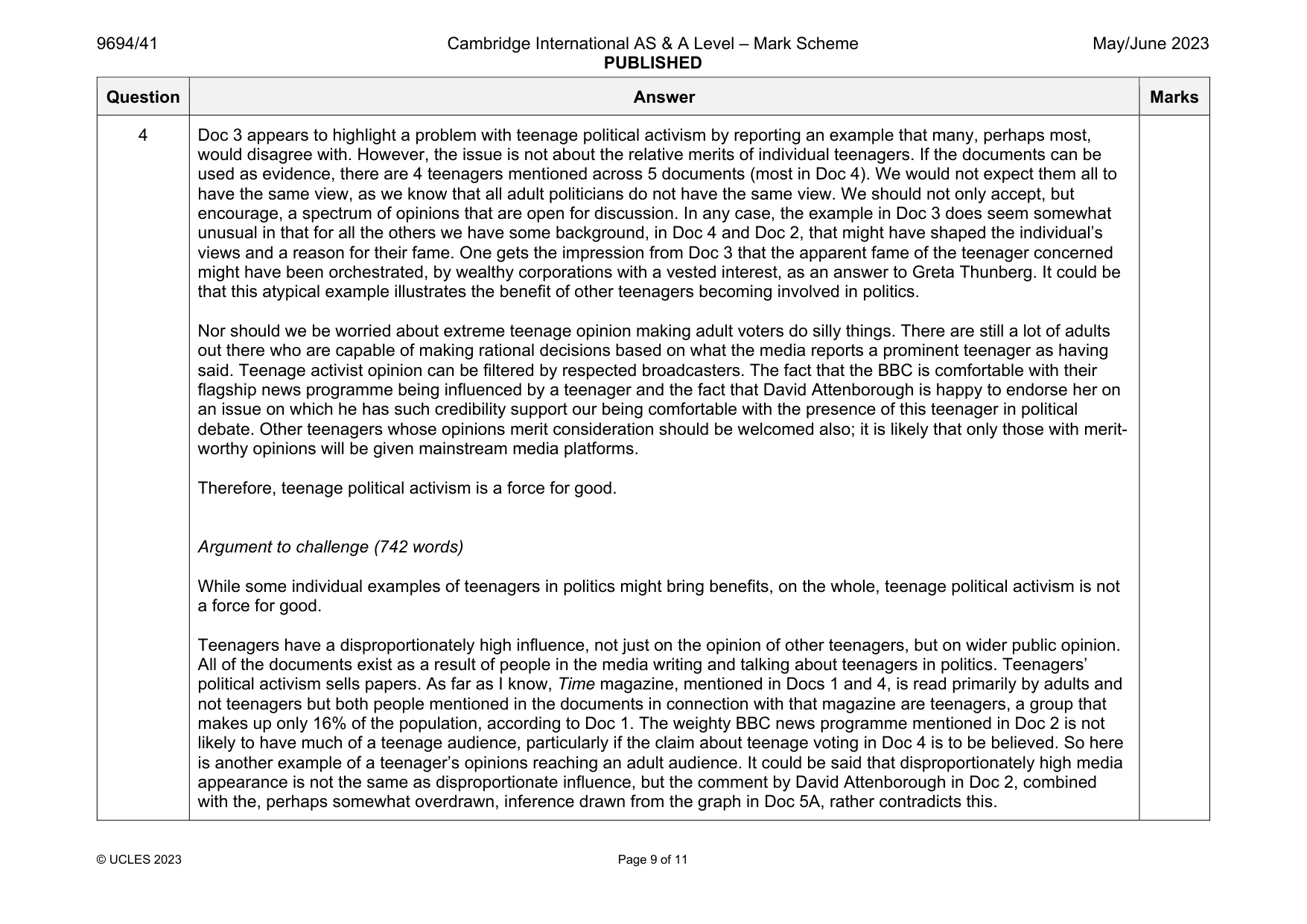 Mark scheme, page 9 of 11