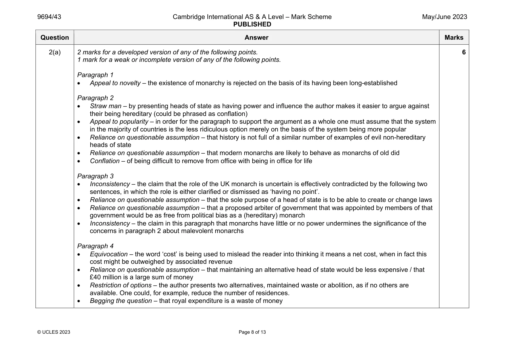 Mark scheme, page 8 of 13