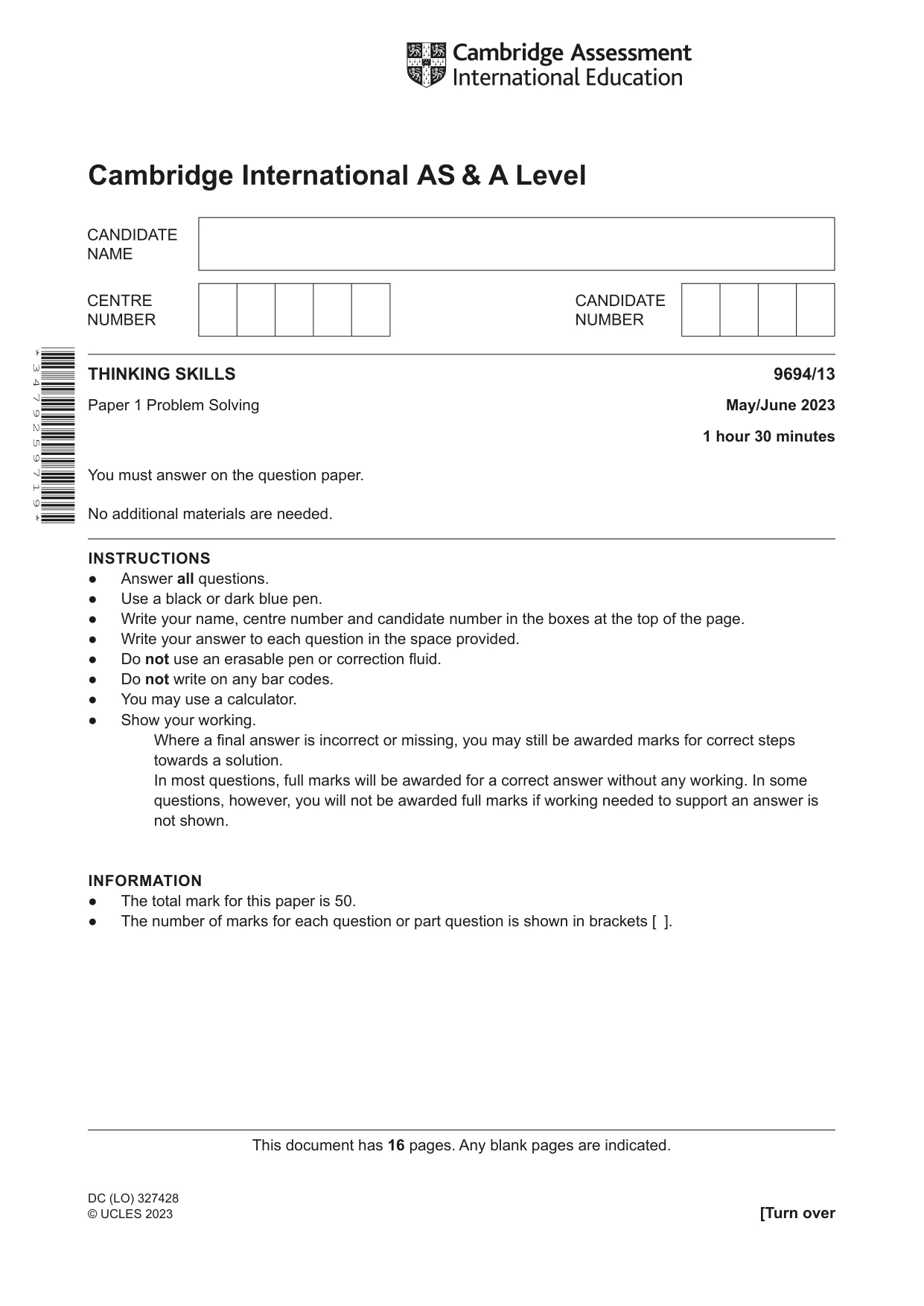Cambridge A Level Thinking Skills 9694 2023 May/June Paper 1 · Variant 3 question paper, page 1 of 16