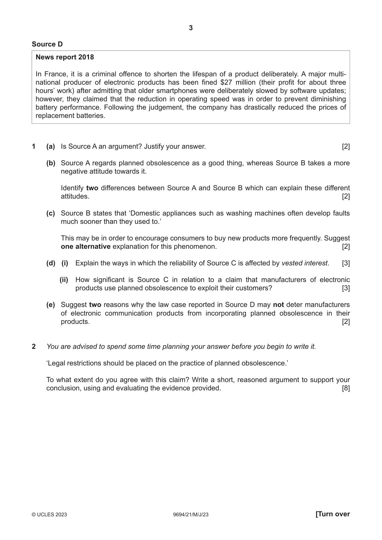 Cambridge A Level Thinking Skills 9694 2023 May/June Paper 2 · Variant 1 question paper, page 3 of 8