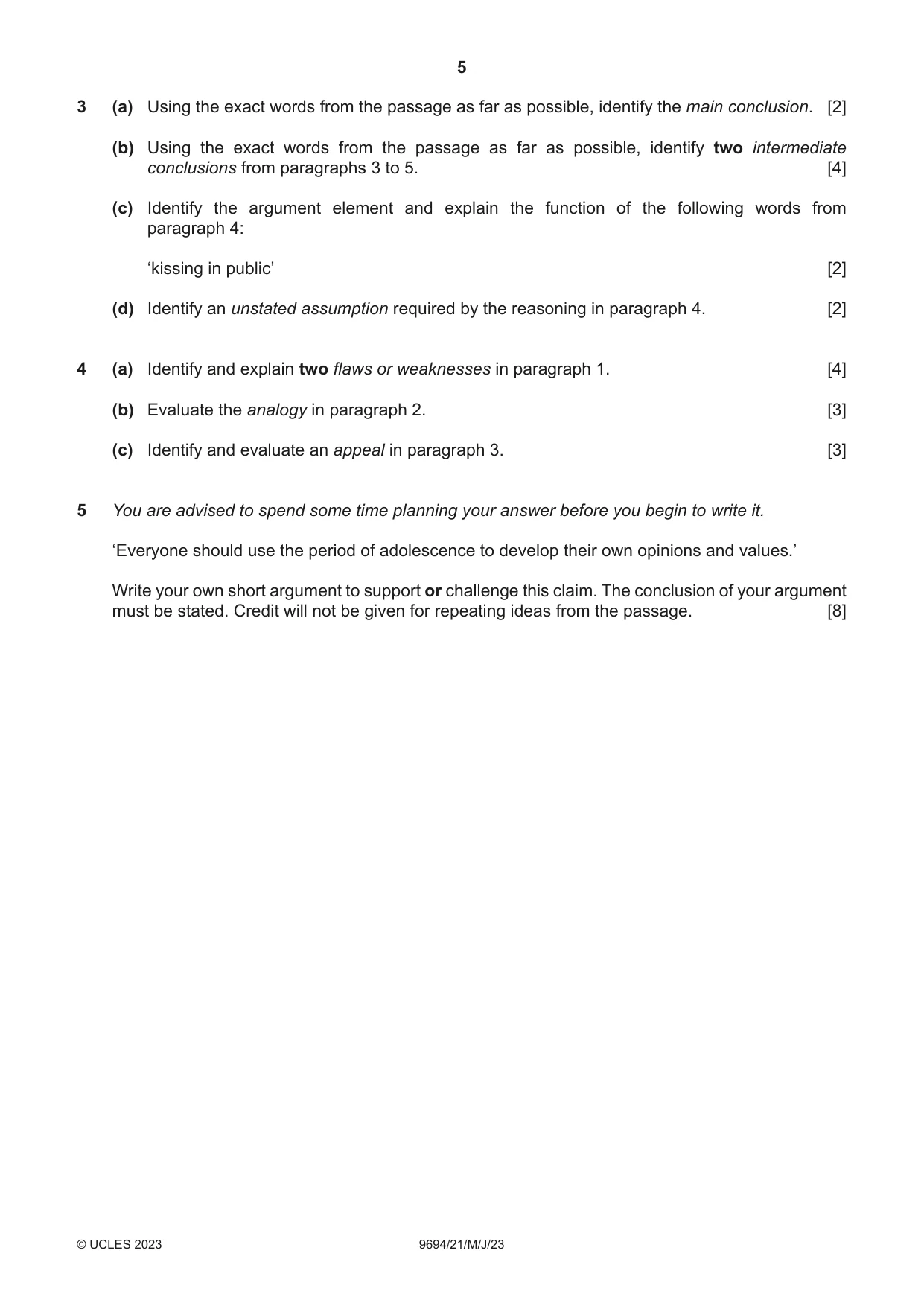Cambridge A Level Thinking Skills 9694 2023 May/June Paper 2 · Variant 1 question paper, page 5 of 8