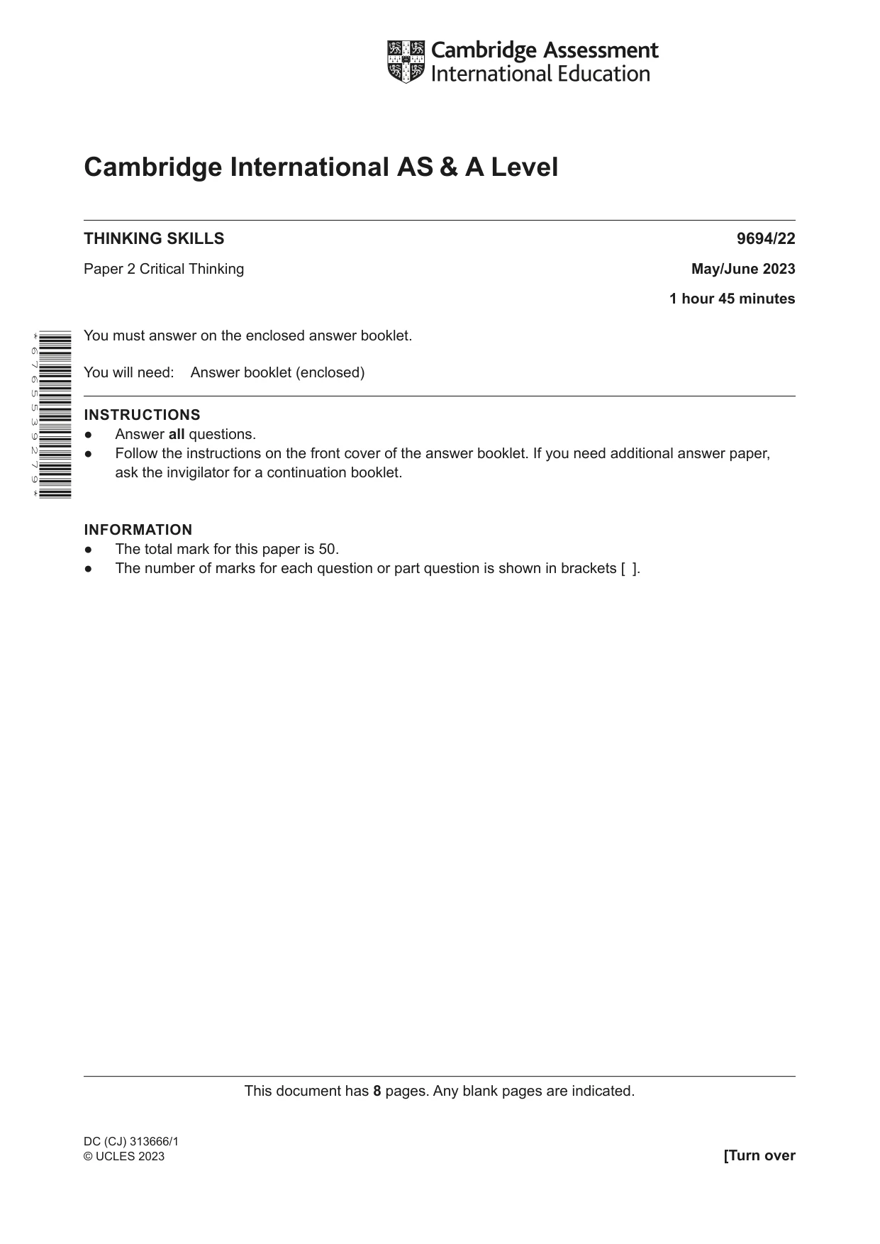 Cambridge A Level Thinking Skills 9694 2023 May/June Paper 2 · Variant 2 question paper, page 1 of 8