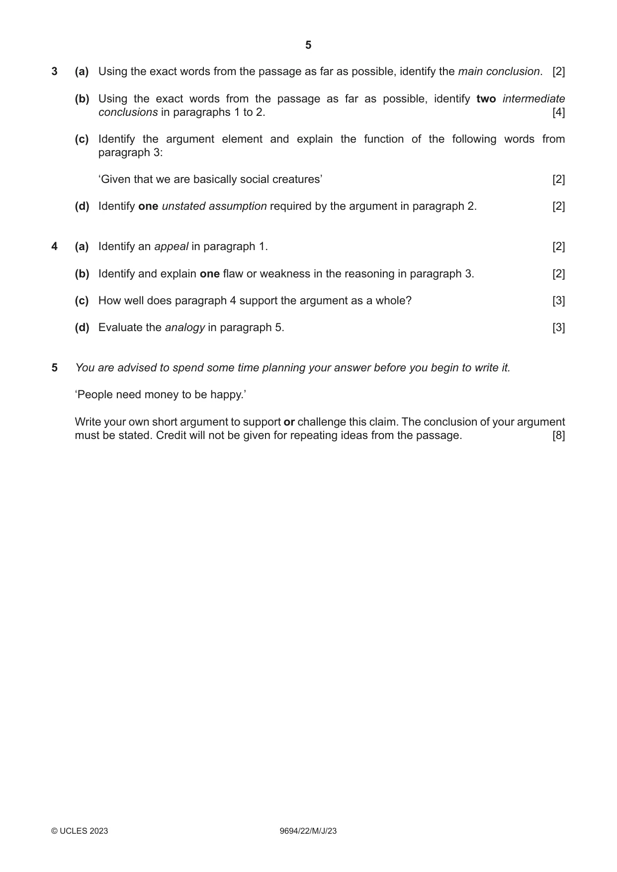 Cambridge A Level Thinking Skills 9694 2023 May/June Paper 2 · Variant 2 question paper, page 5 of 8