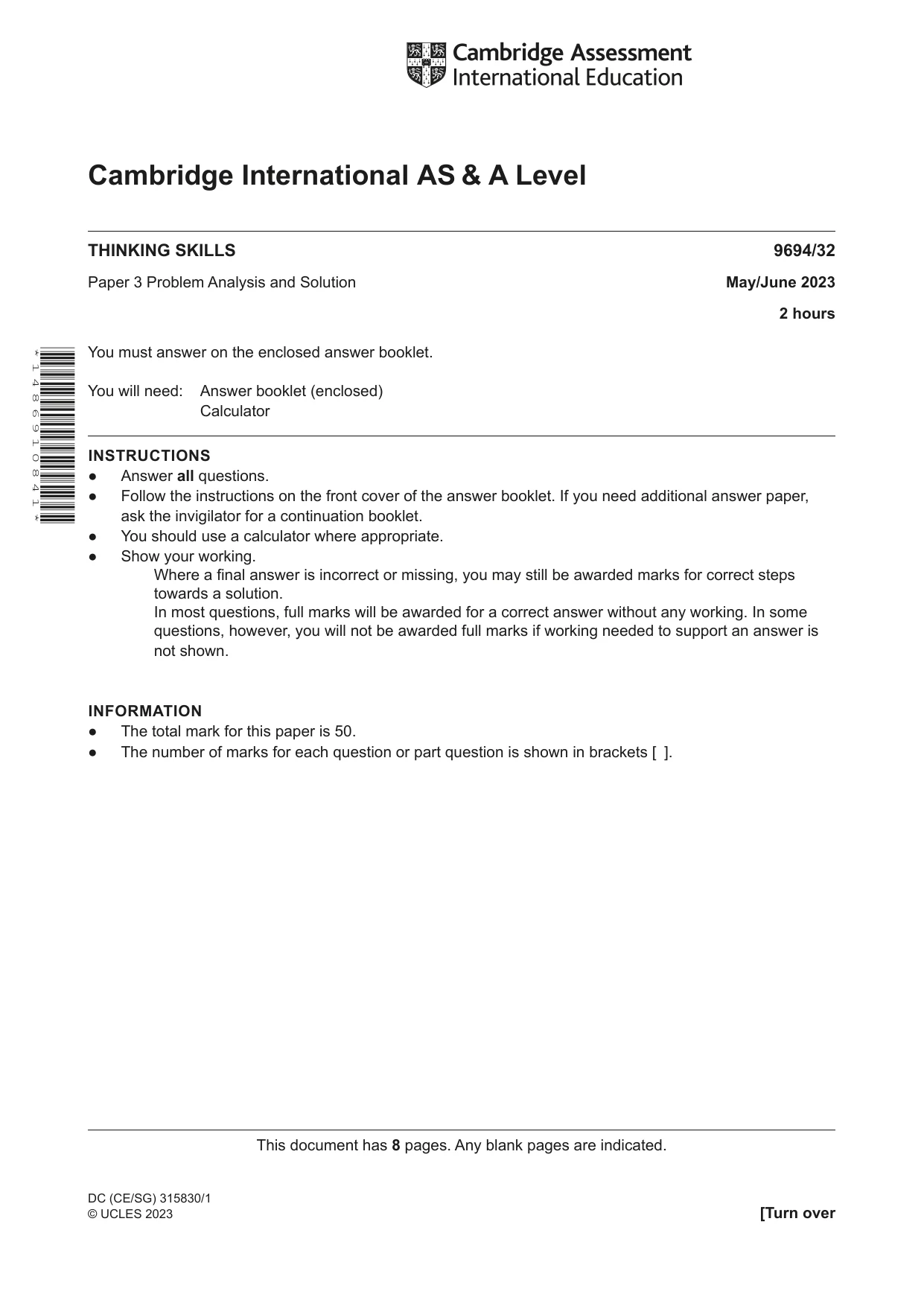 Cambridge A Level Thinking Skills 9694 2023 May/June Paper 3 · Variant 2 question paper, page 1 of 8