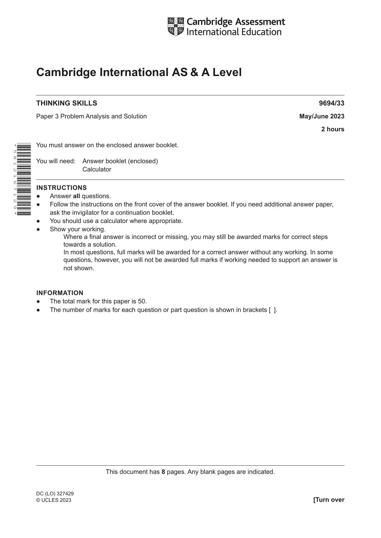Cambridge A Level Thinking Skills 9694 2023 May/June Paper 3 · Variant 3 question paper, page 1 of 8